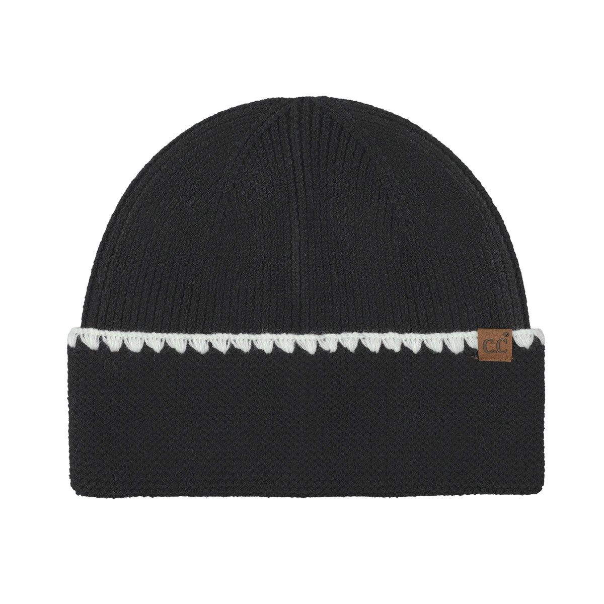 Stitch Cuff Knit Beanie Hat – Contrast Scallop Stitch Detail