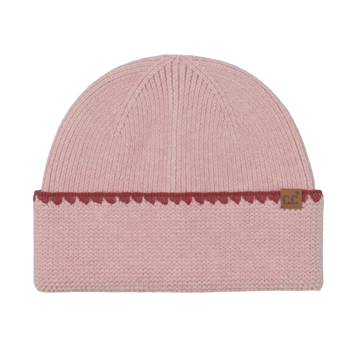 Stitch Cuff Knit Beanie Hat – Contrast Scallop Stitch Detail