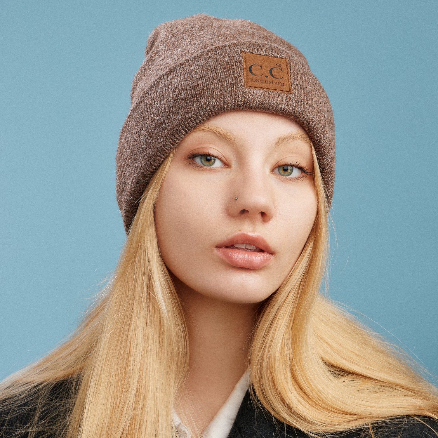 Heather Classic Knit Beanie with C.C Suede Patch