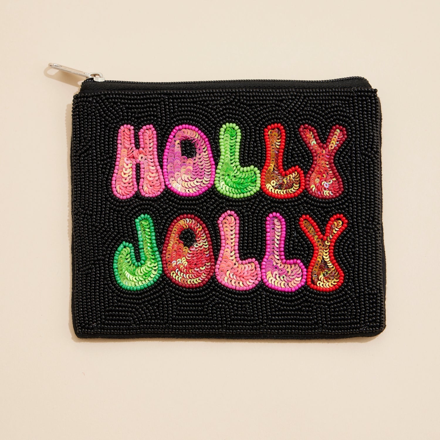 Seed Beaded Holly Jolly Coin Pouch | Christmas Coin Pouch