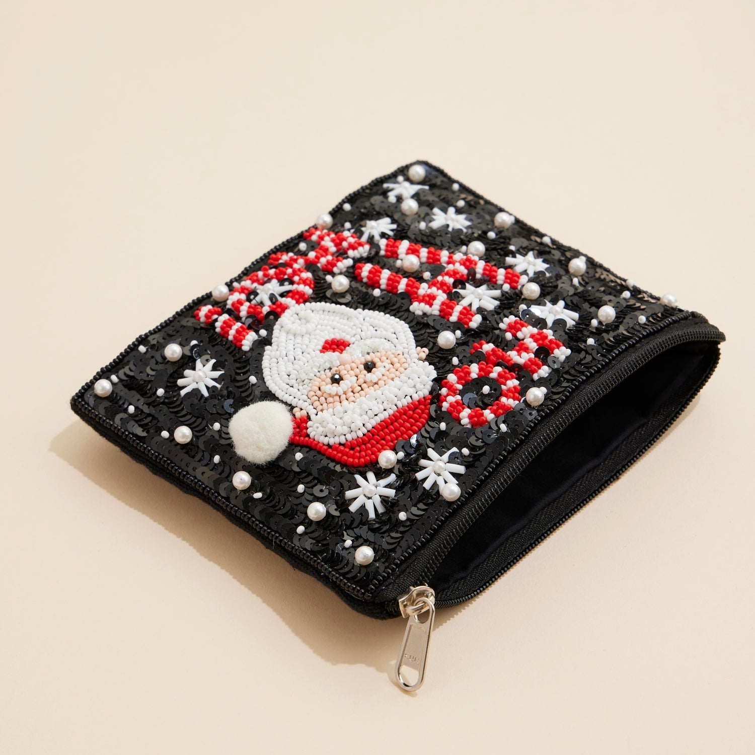 Seed Beaded Ho Ho Ho Coin Pouch | Santa Holiday Zip Wallet