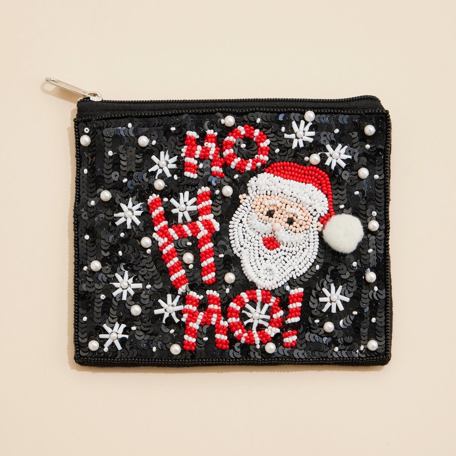 Seed Beaded Ho Ho Ho Coin Pouch | Santa Holiday Zip Wallet