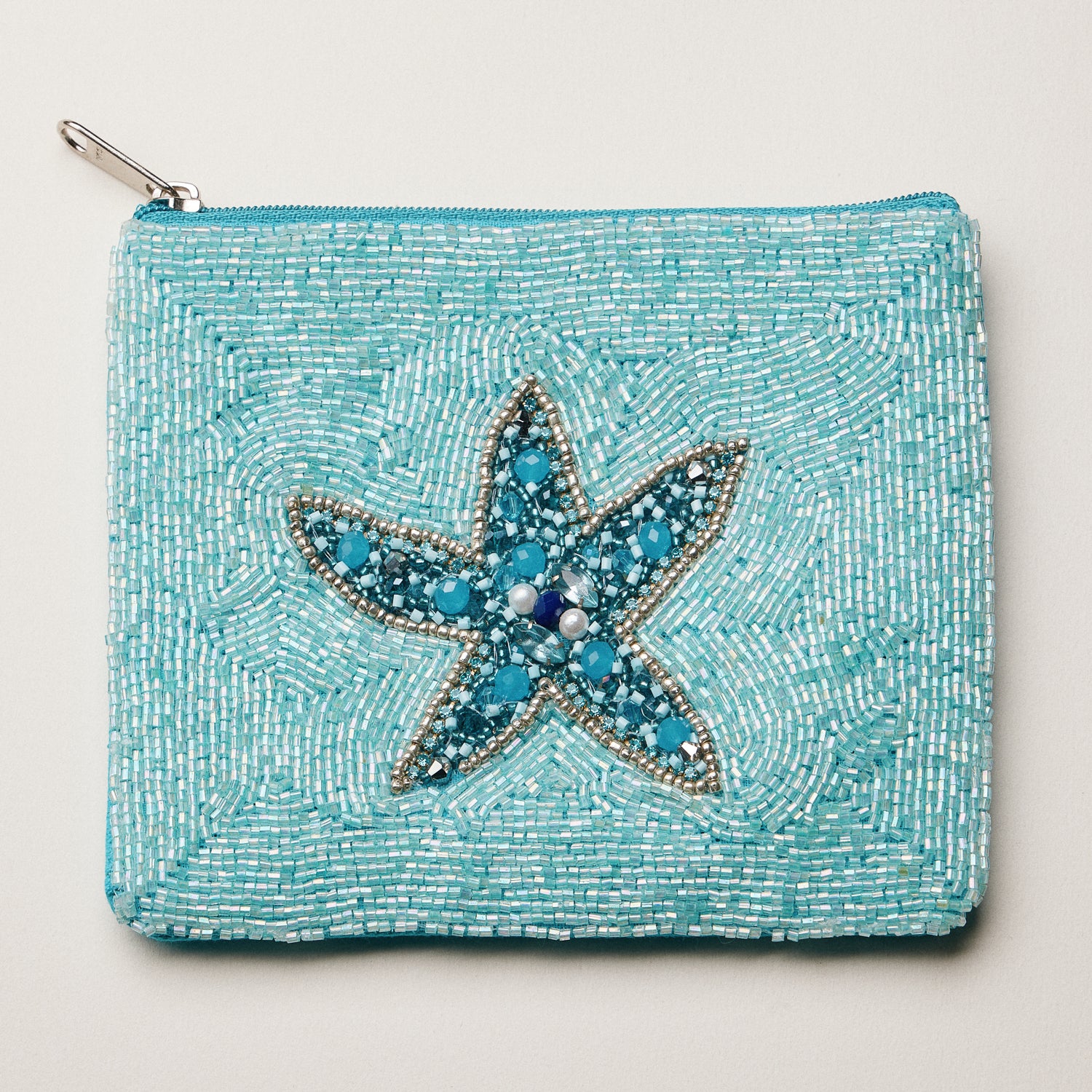 Beaded Sequin Starfish Pouch — Aqua