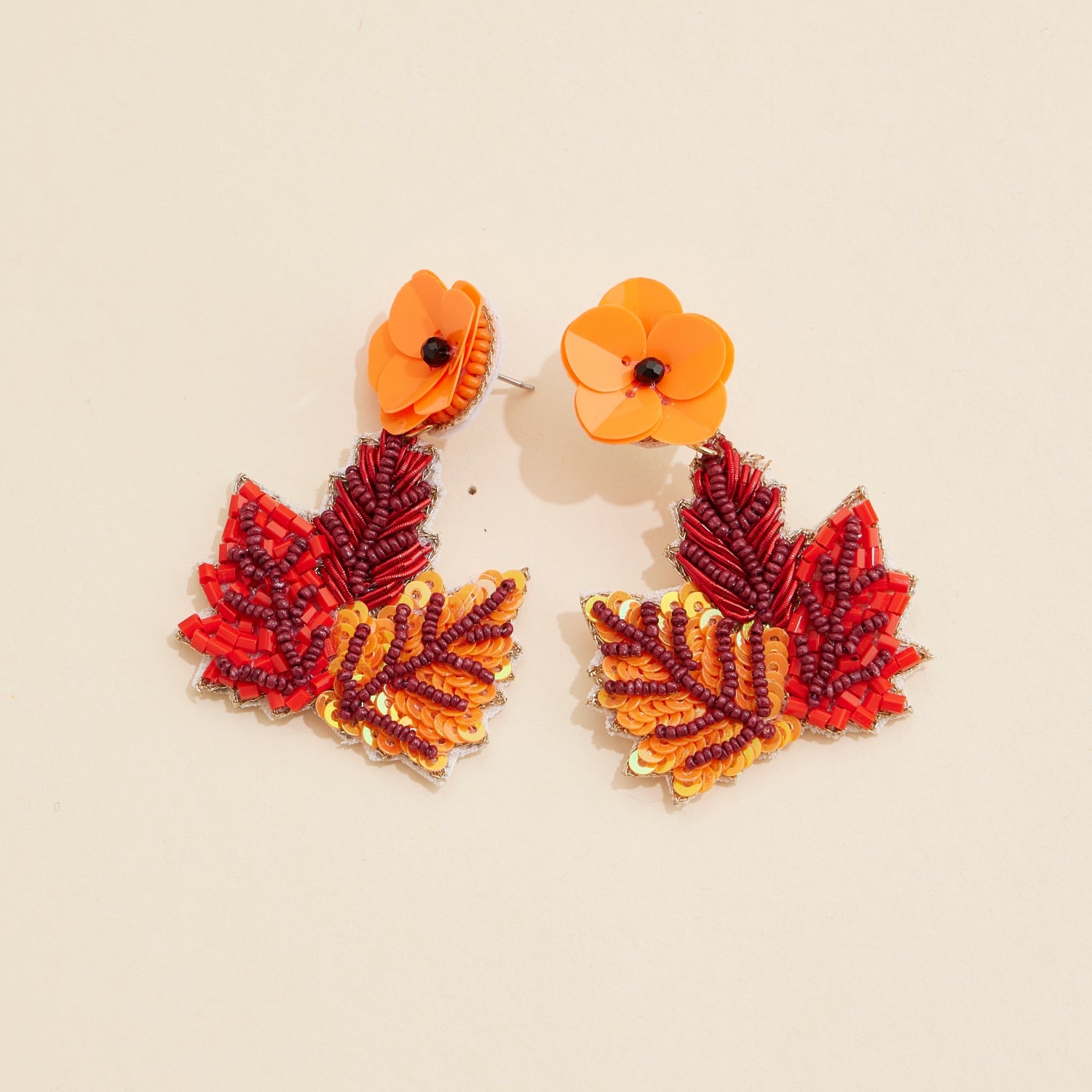 Fall Maple Leaf Seed Beaded Dangling Earrings