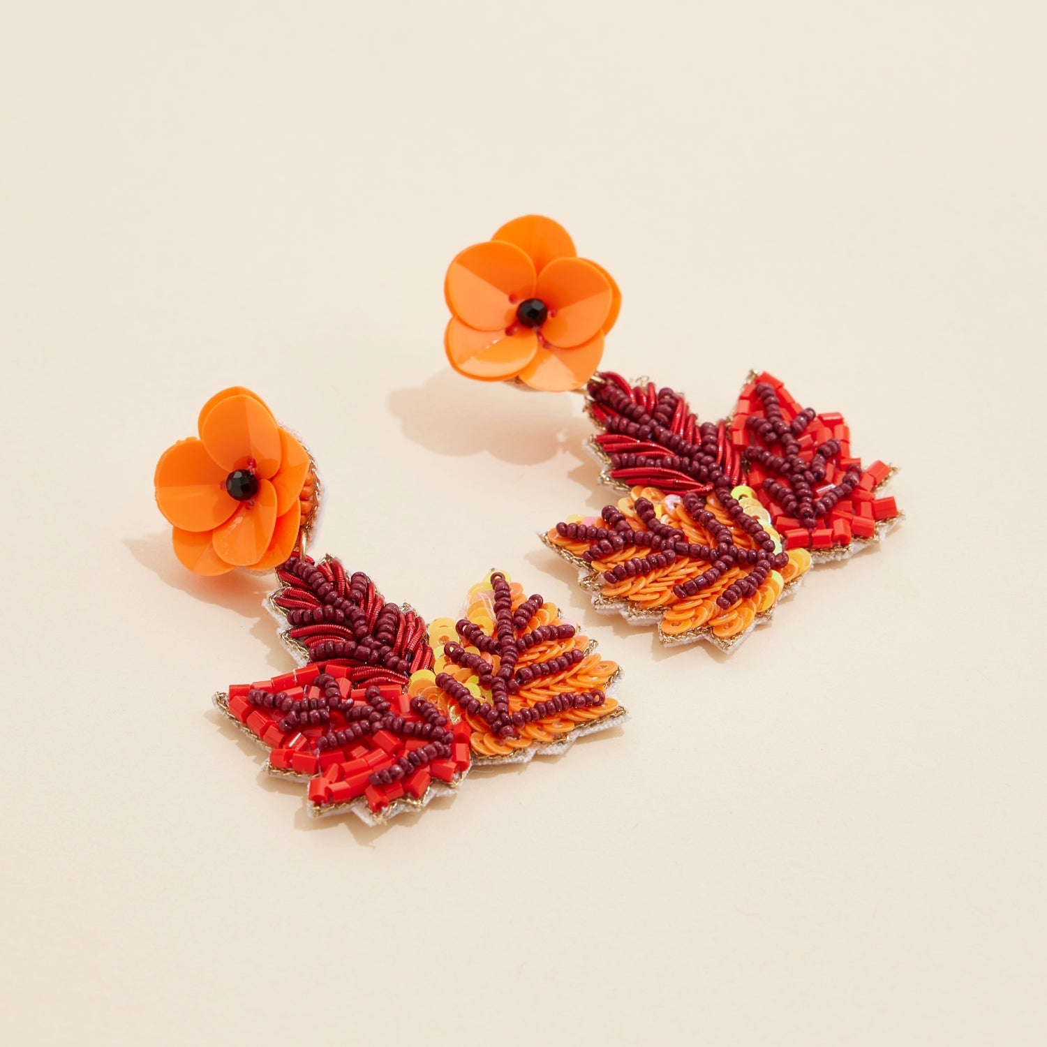 Fall Maple Leaf Seed Beaded Dangling Earrings