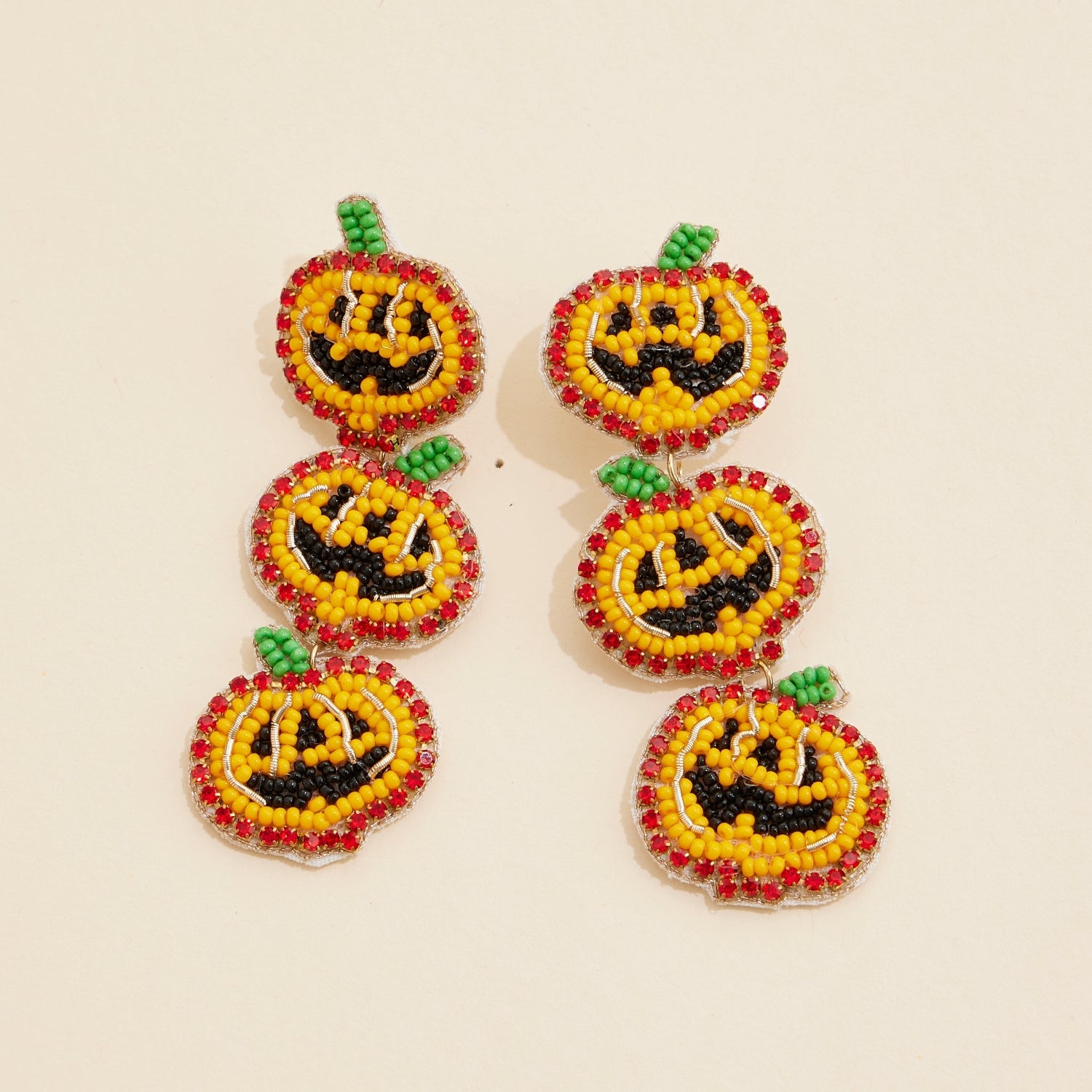 Fall Linked Pumpkins Seed Beaded Dangling Earrings
