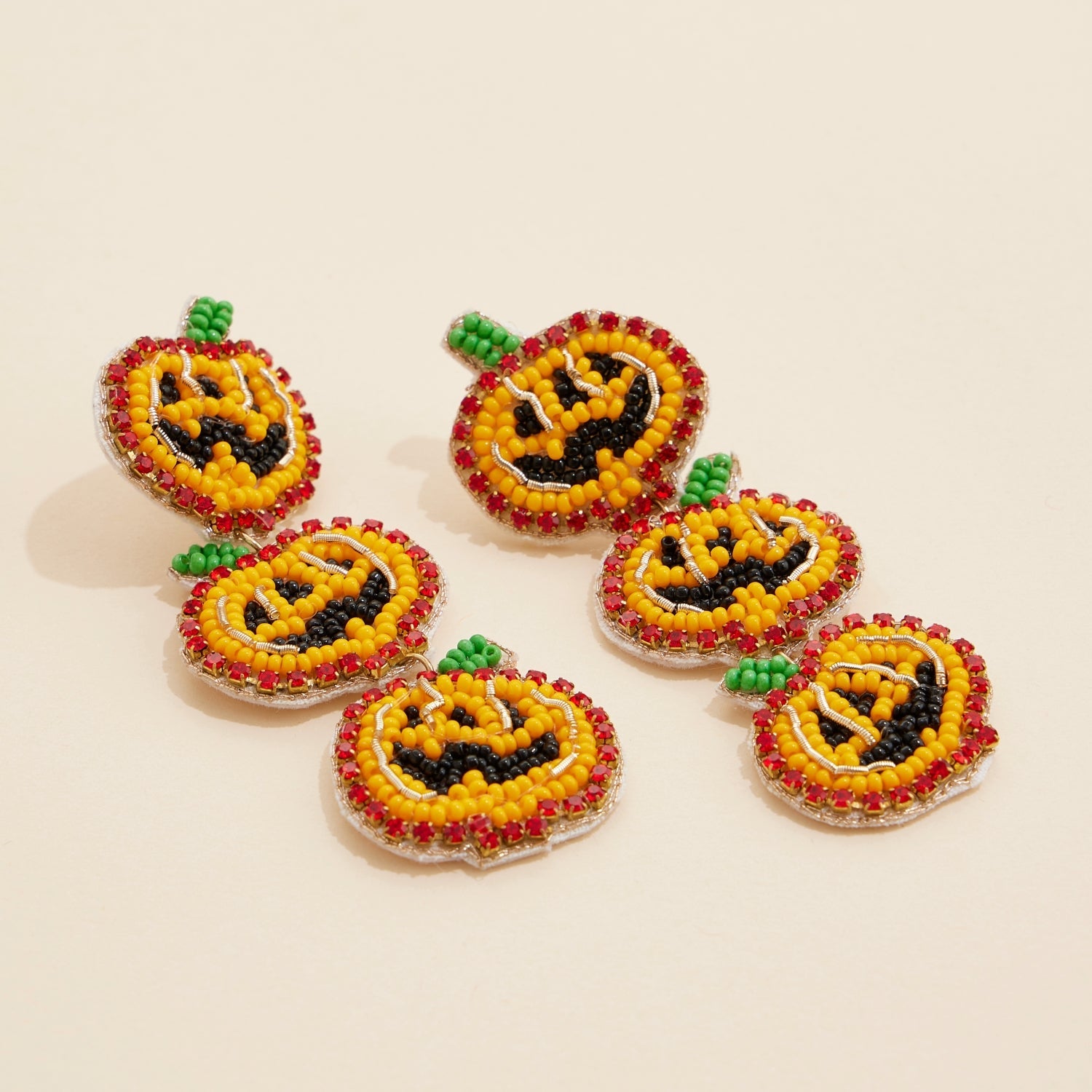 Fall Linked Pumpkins Seed Beaded Dangling Earrings