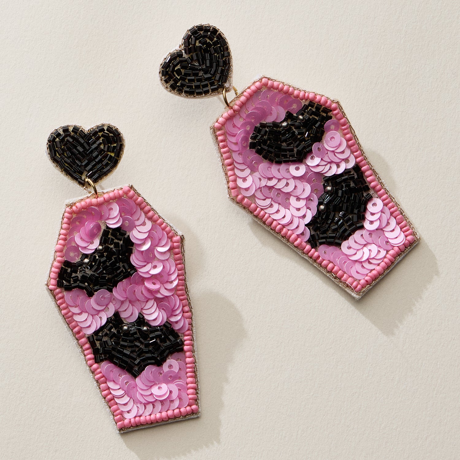 Beaded Coffin Earrings with Bat Design