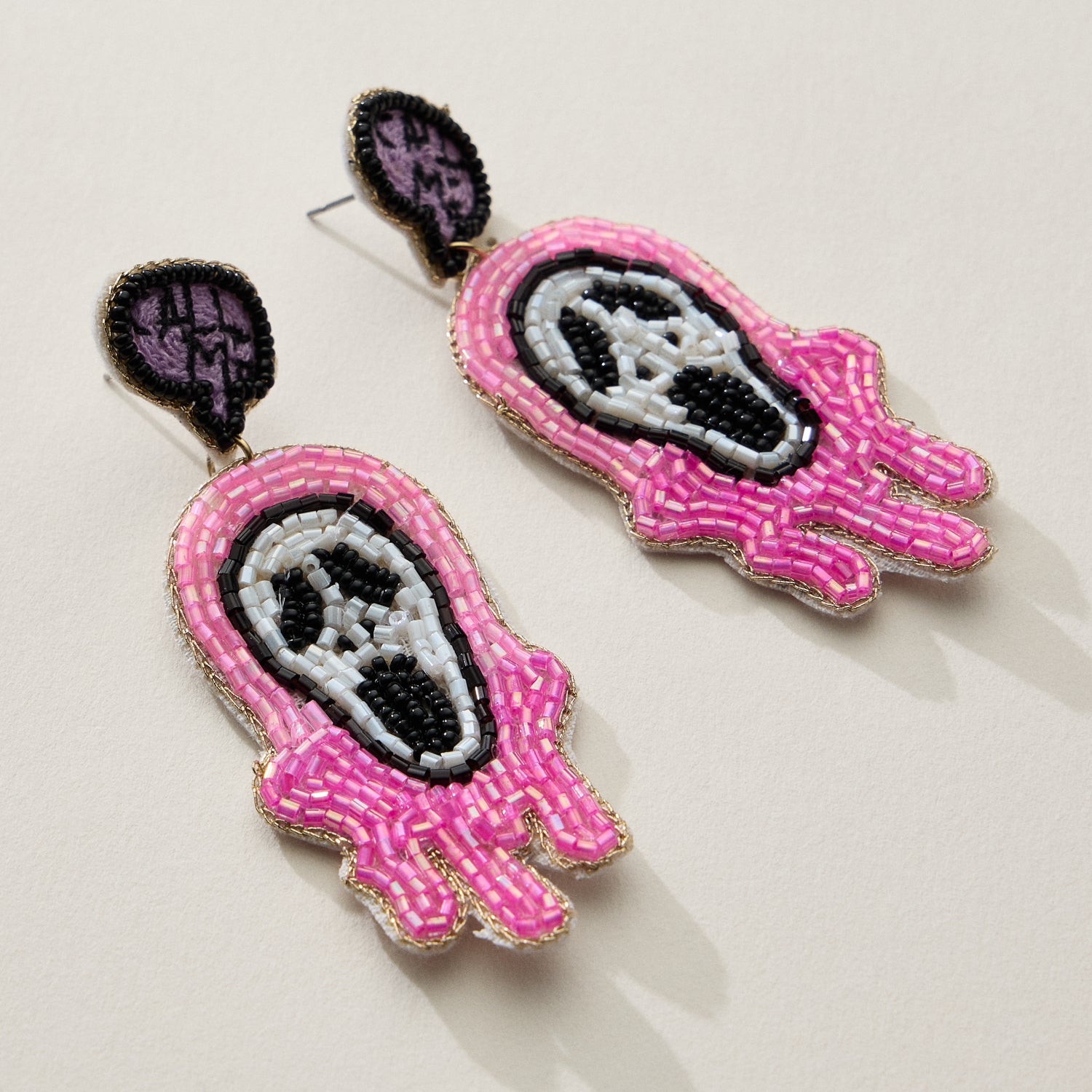 Beaded Ghost Face Halloween Drop Earrings