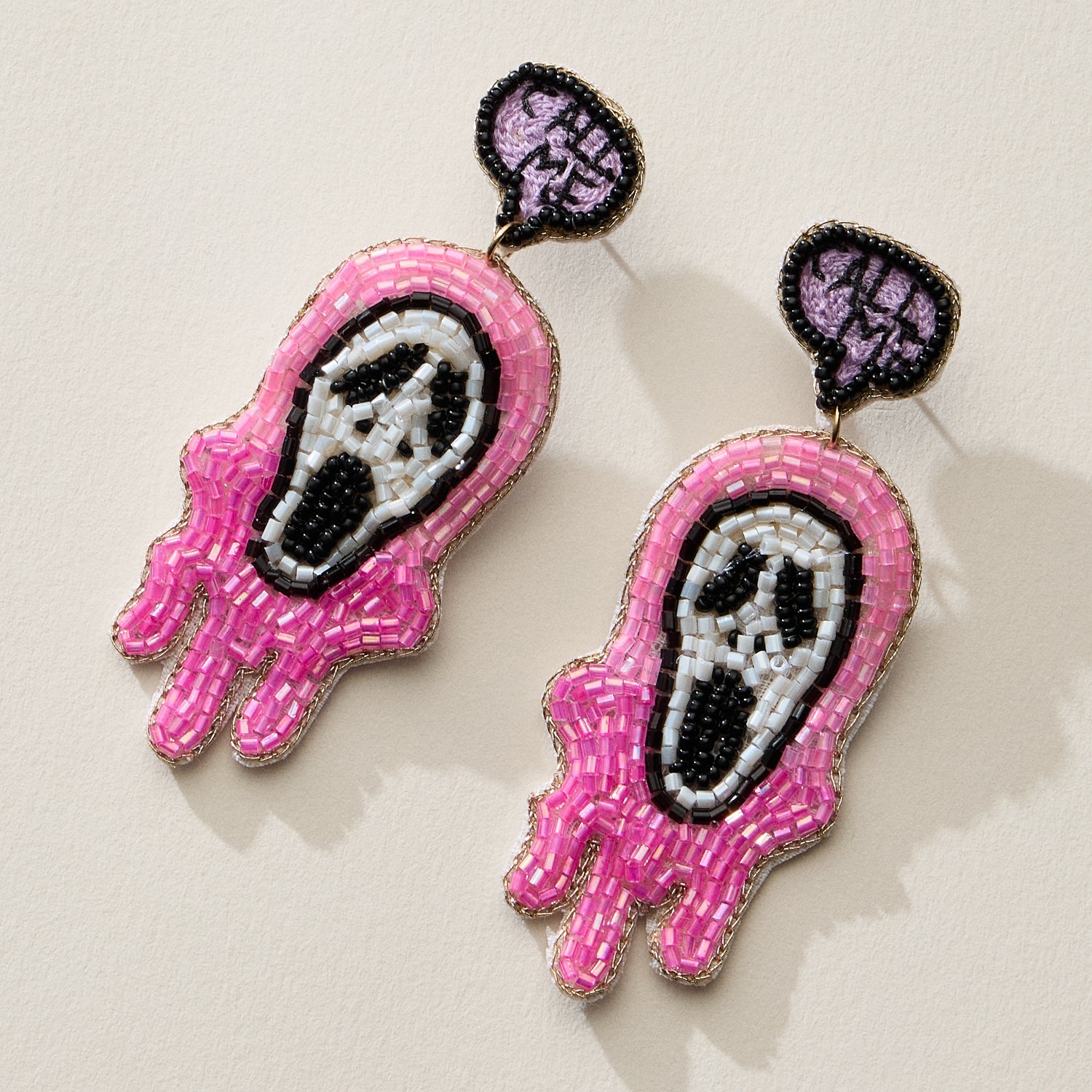Beaded Ghost Face Halloween Drop Earrings