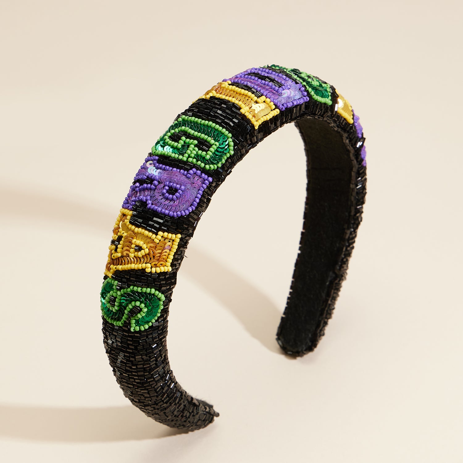 Elegant Beaded Mardi Gras Headband with Multicolor Script Detailing