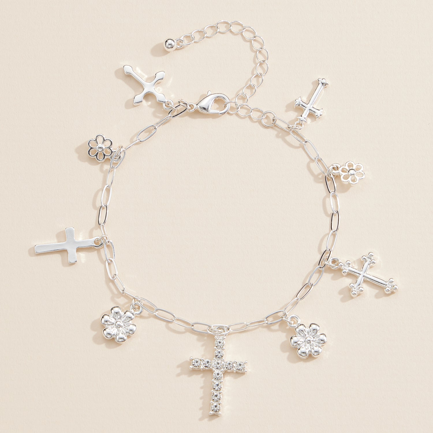 Gold and Silver Charm Bracelet with Cross and Floral Pendants – Fashion Jewelry