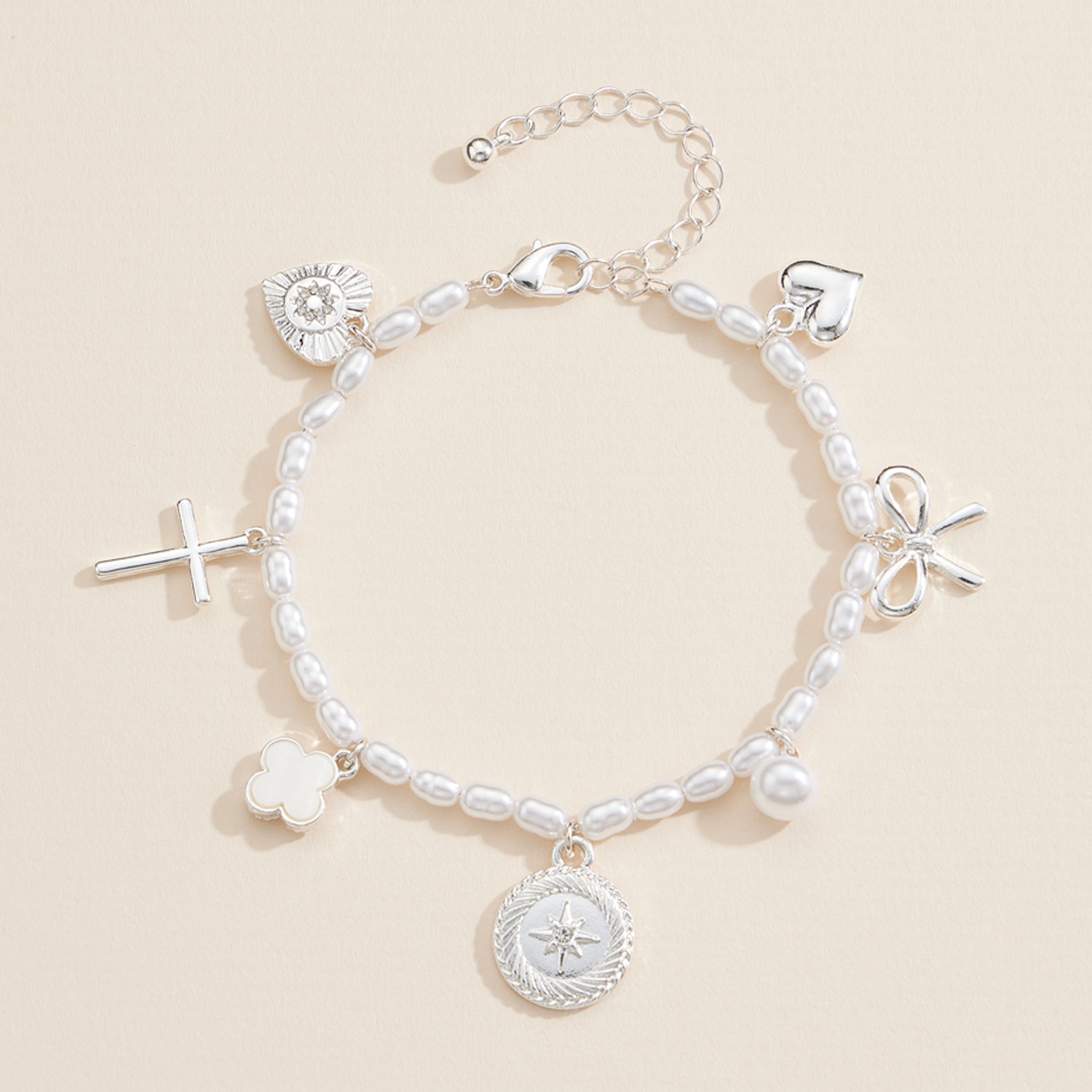 Adjustable Pearl Charm Bracelet with Cross, Heart, Compass, Clover & Bow Pendants