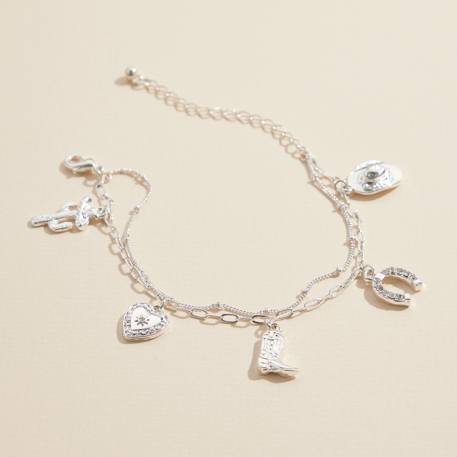 Western Charm Bracelet with Cowboy Boot, Hat, Horseshoe, Cactus & Heart Pendants