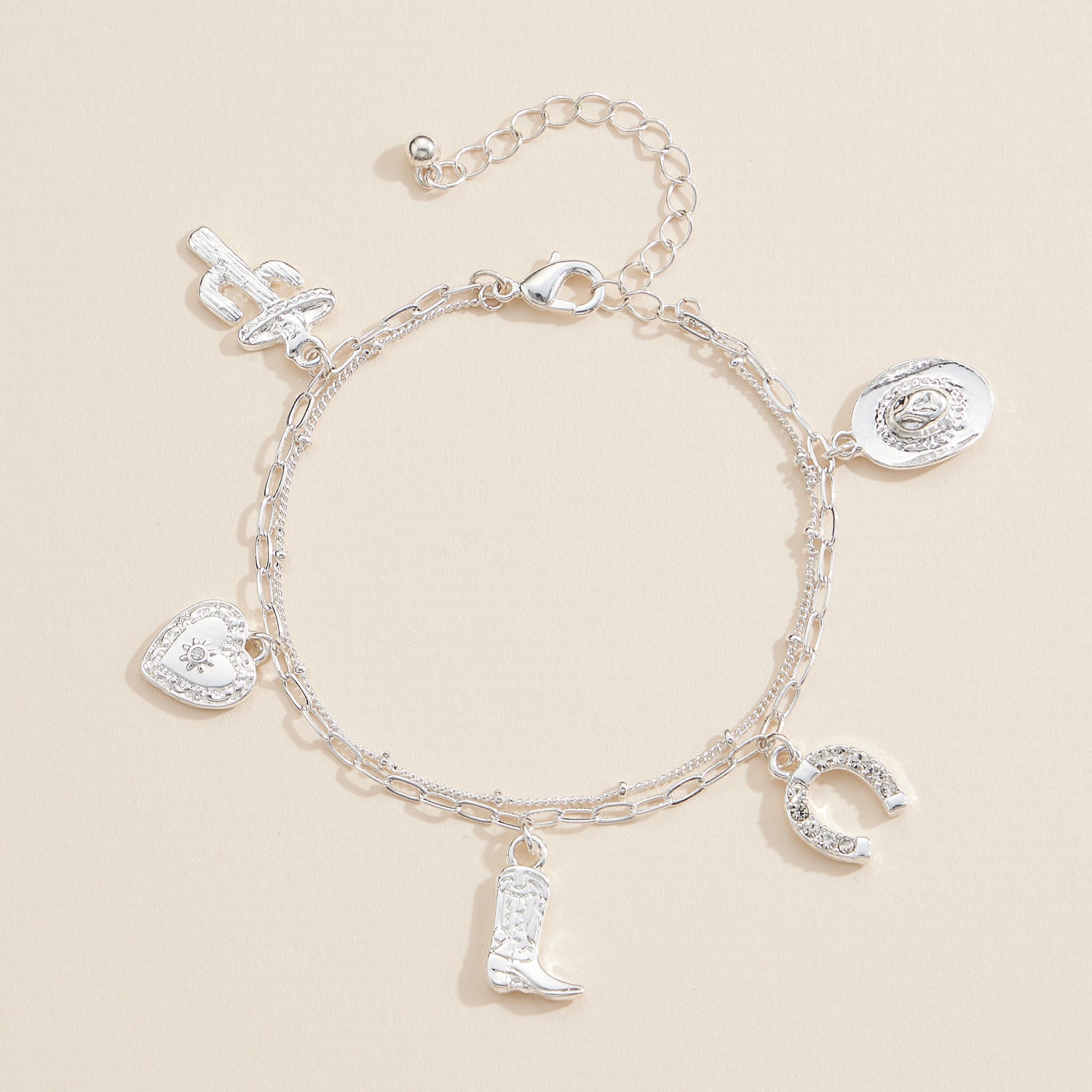 Western Charm Bracelet with Cowboy Boot, Hat, Horseshoe, Cactus & Heart Pendants