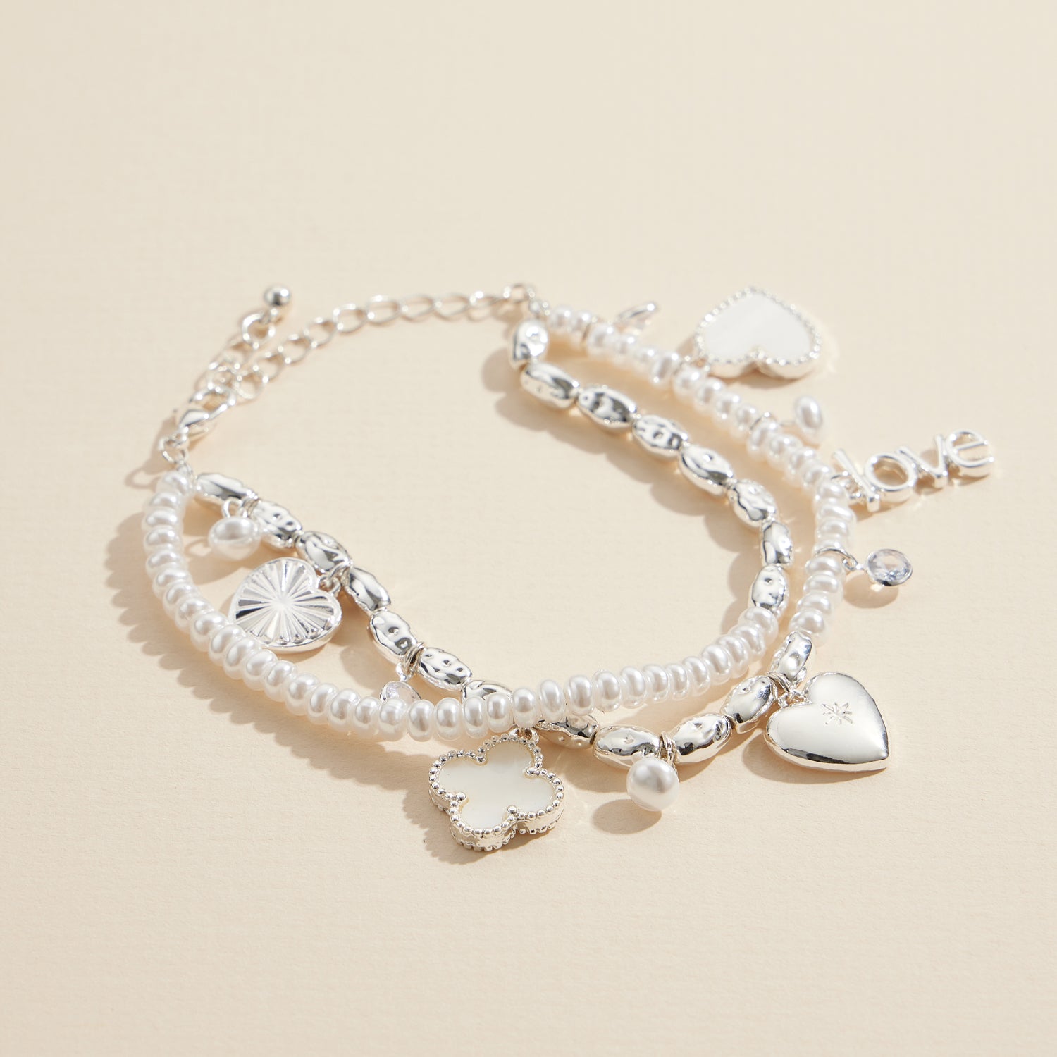 Layered Pearl Charm Bracelet with Love, Heart & Clover Pendants