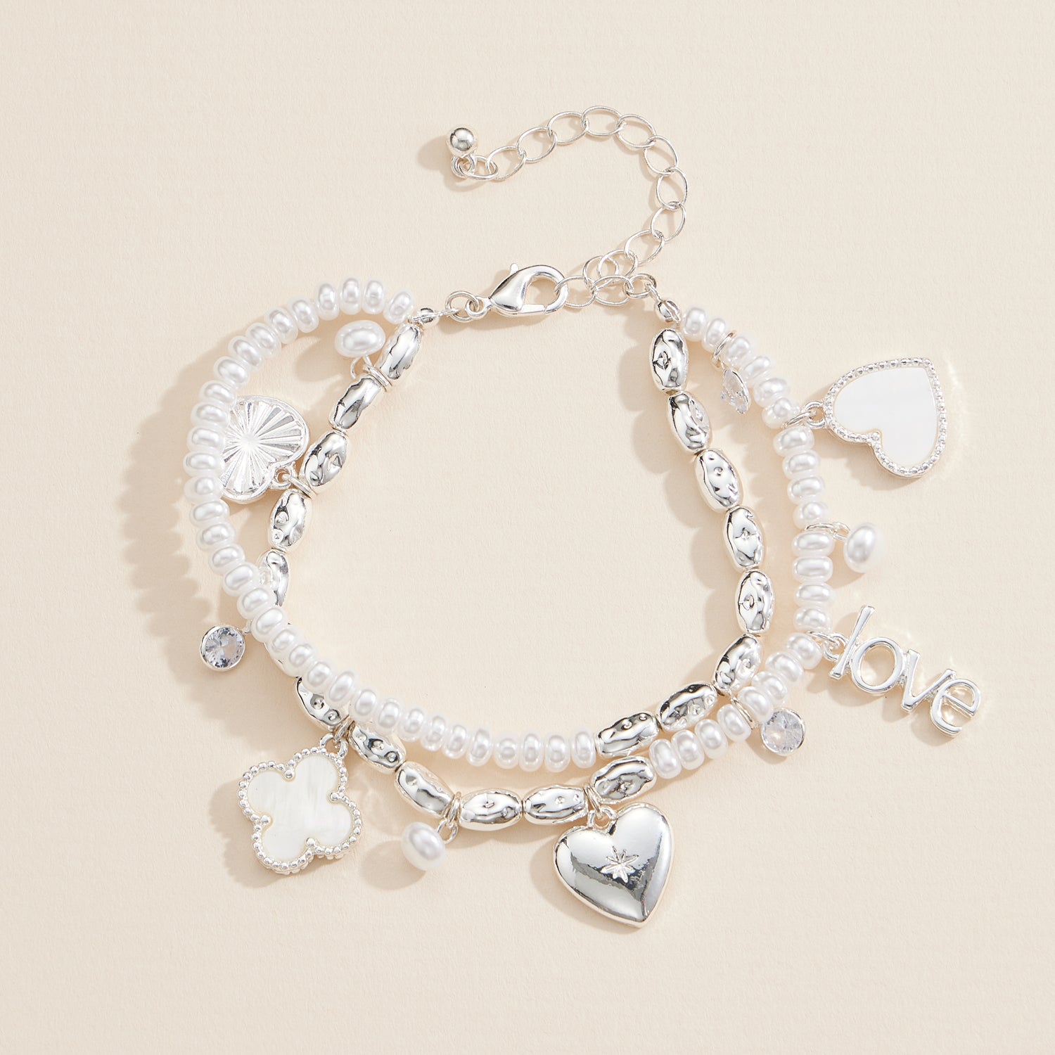 Layered Pearl Charm Bracelet with Love, Heart & Clover Pendants