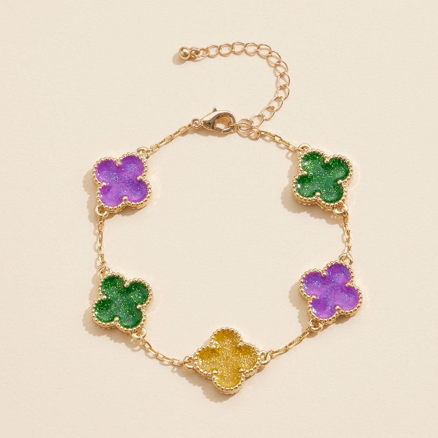Colorful Mardi Gras Floral Link Bracelet with Festive Charms