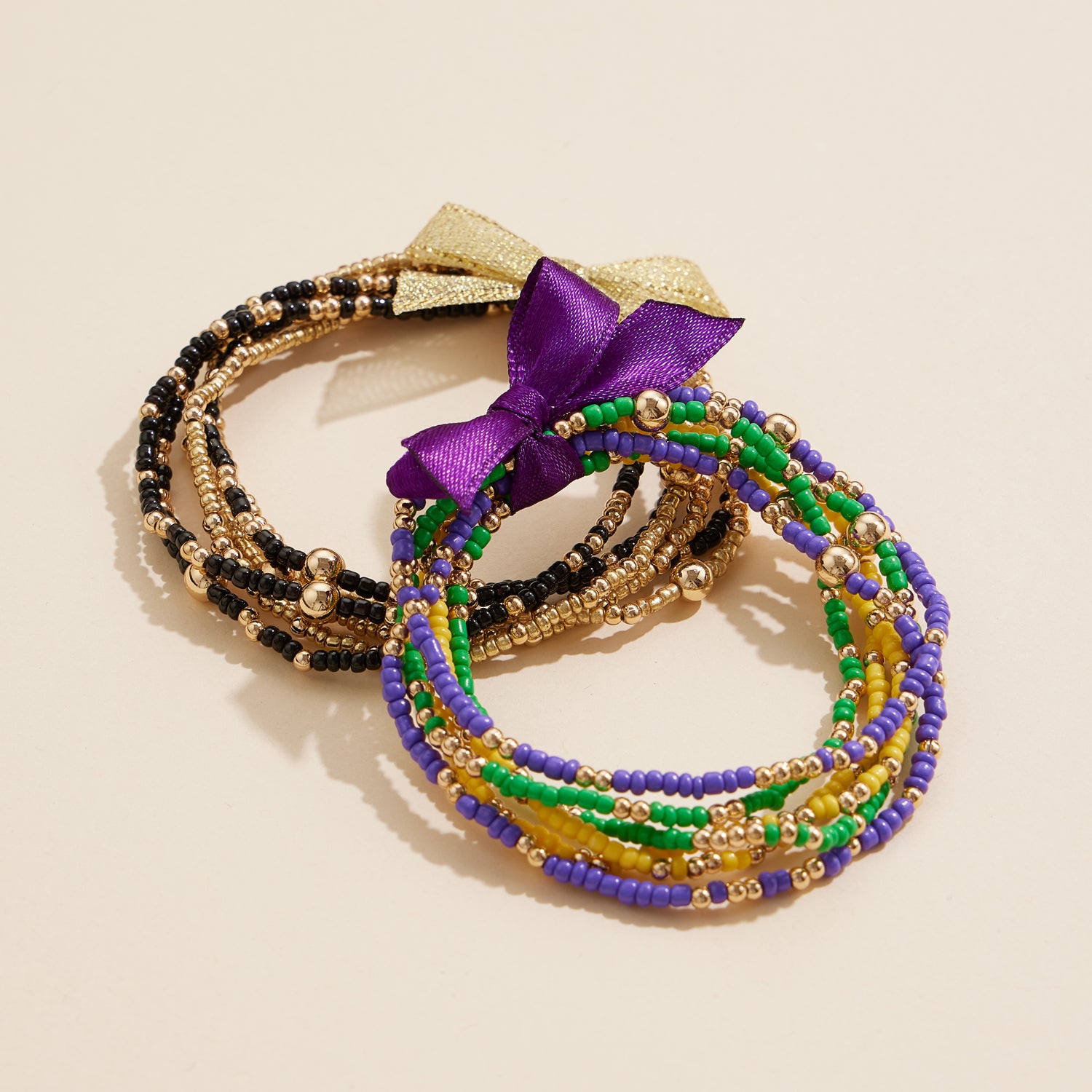 Mardi Gras Beaded Stretch Bracelet Set with Ribbon Accent Festive Jewelry