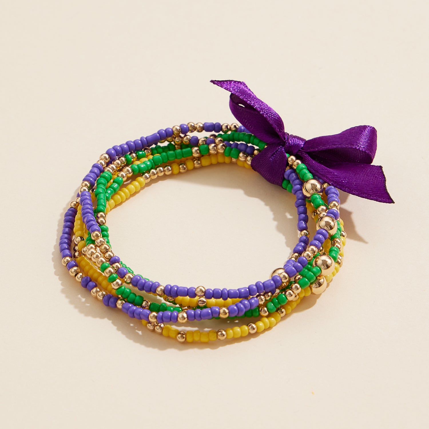 Mardi Gras Beaded Stretch Bracelet Set with Ribbon Accent Festive Jewelry
