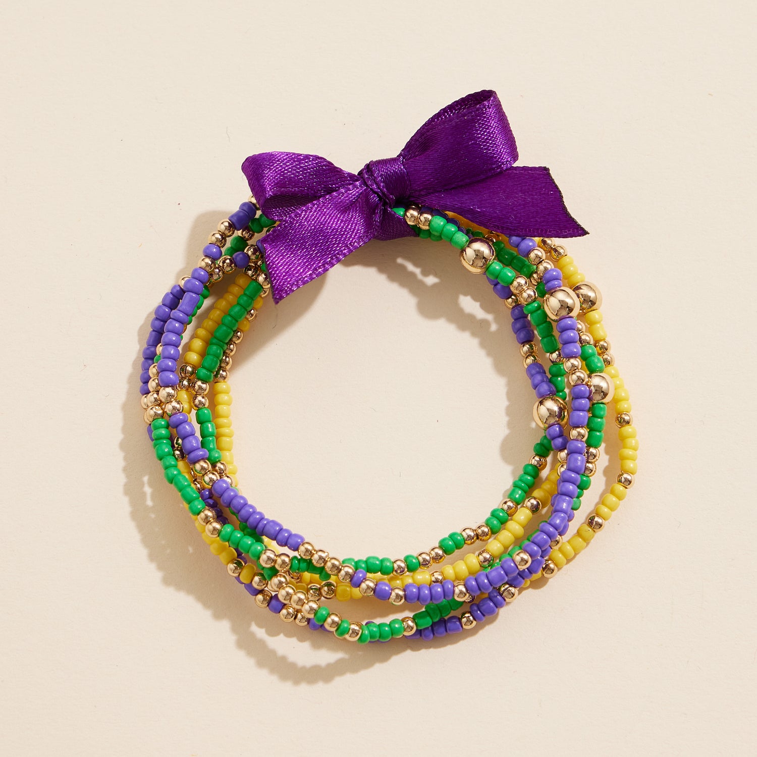 Mardi Gras Beaded Stretch Bracelet Set with Ribbon Accent Festive Jewelry