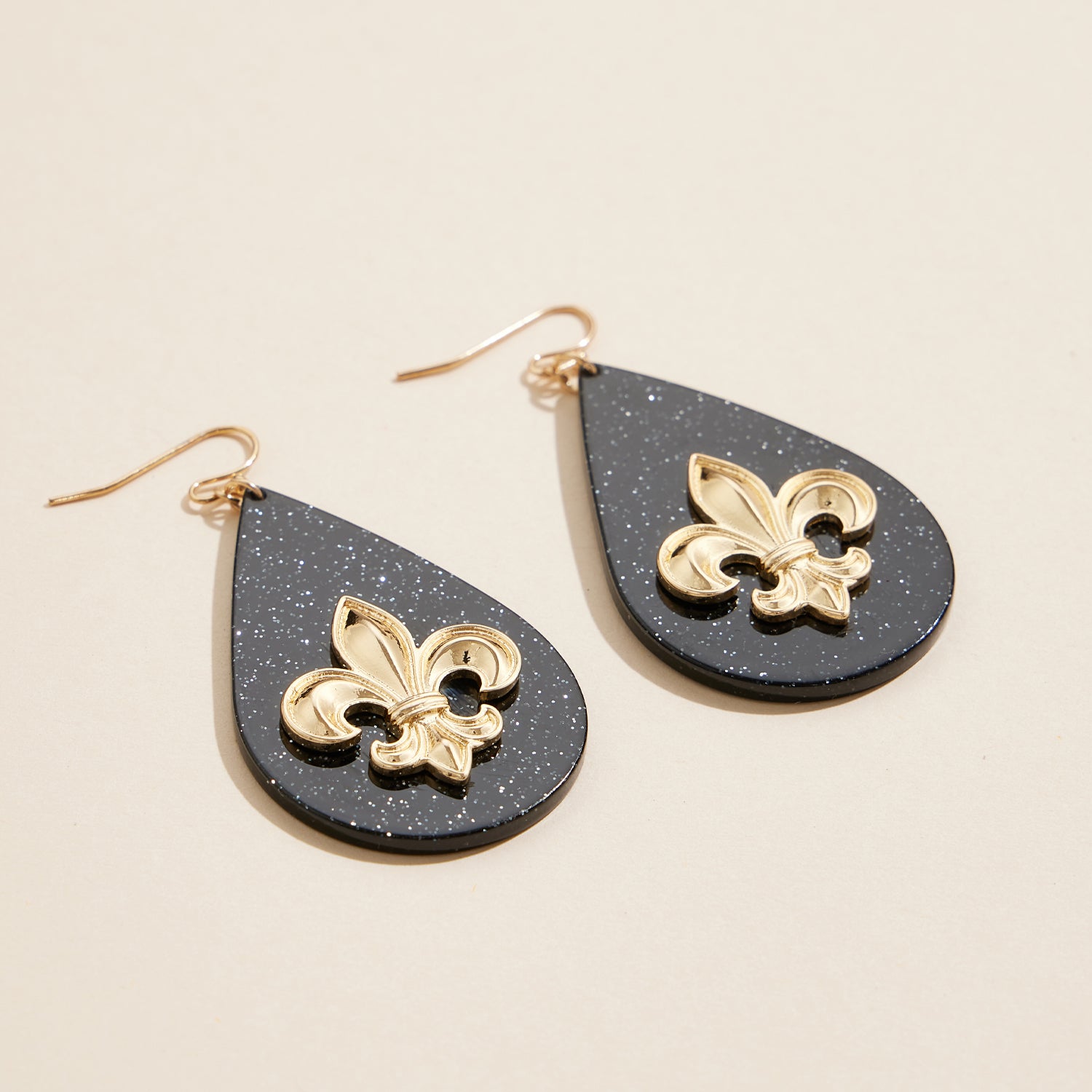 Mardi Gras Fleur-de-Lis Drop Earrings with Glitter Finish