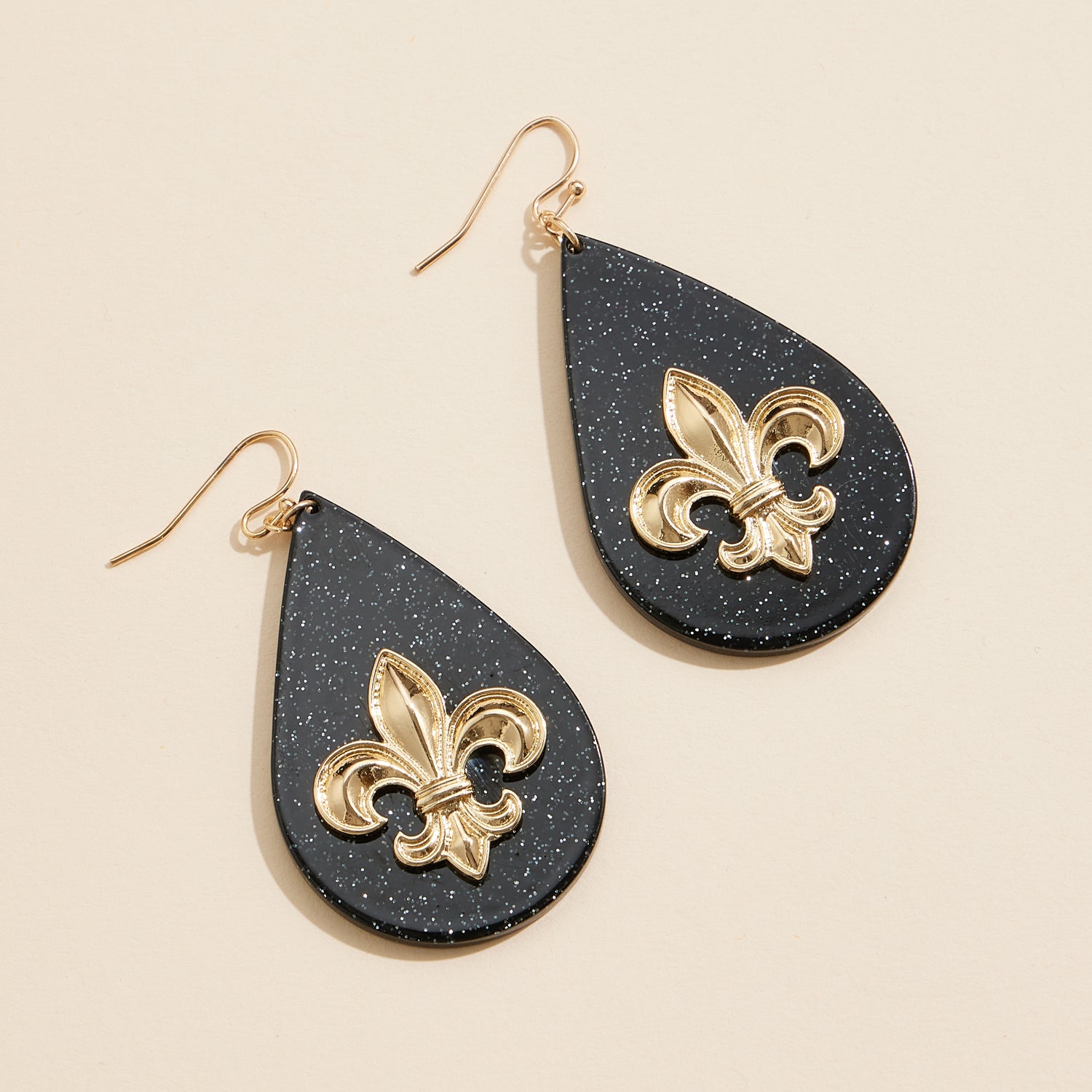 Mardi Gras Fleur-de-Lis Drop Earrings with Glitter Finish