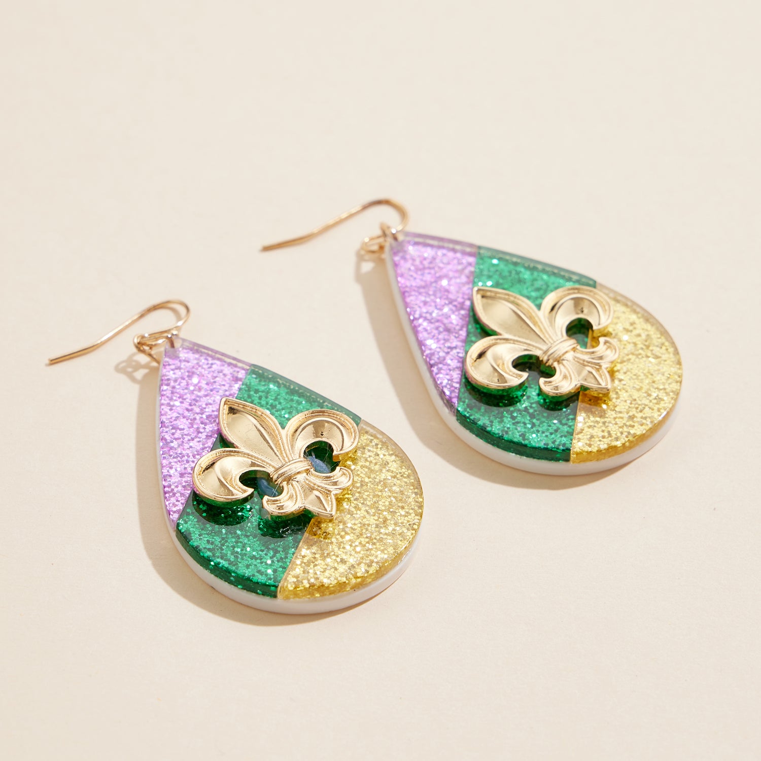Mardi Gras Fleur-de-Lis Drop Earrings with Glitter Finish