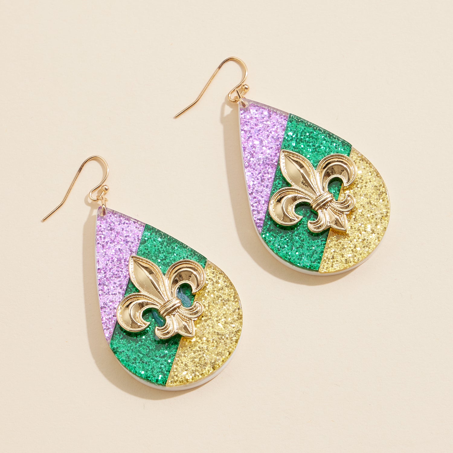 Mardi Gras Fleur-de-Lis Drop Earrings with Glitter Finish
