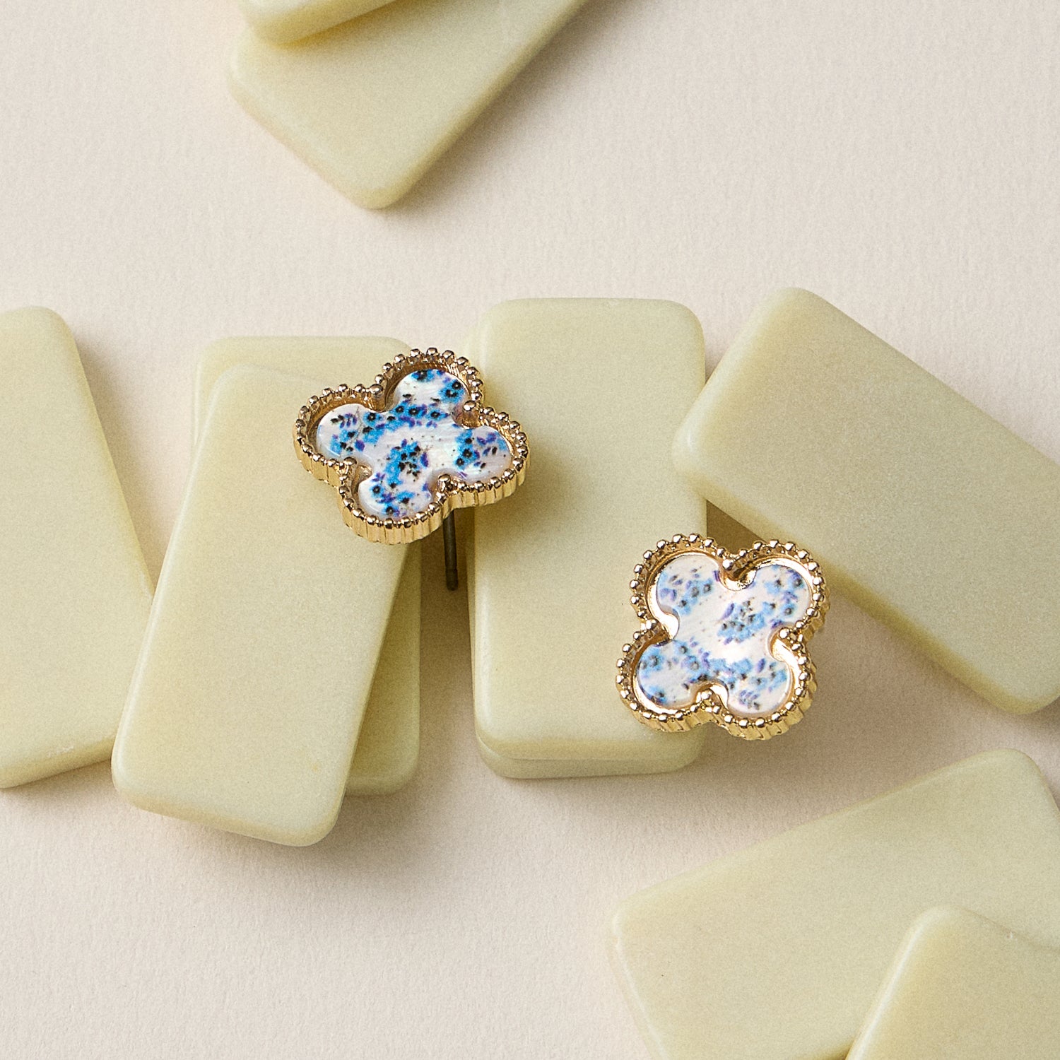 Gold Beaded Shell Inlay Stud Earrings