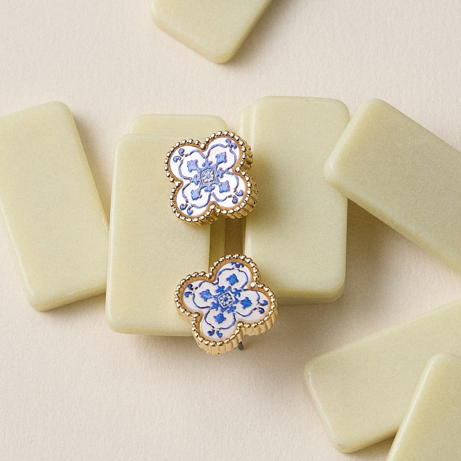Gold Beaded Shell Inlay Stud Earrings
