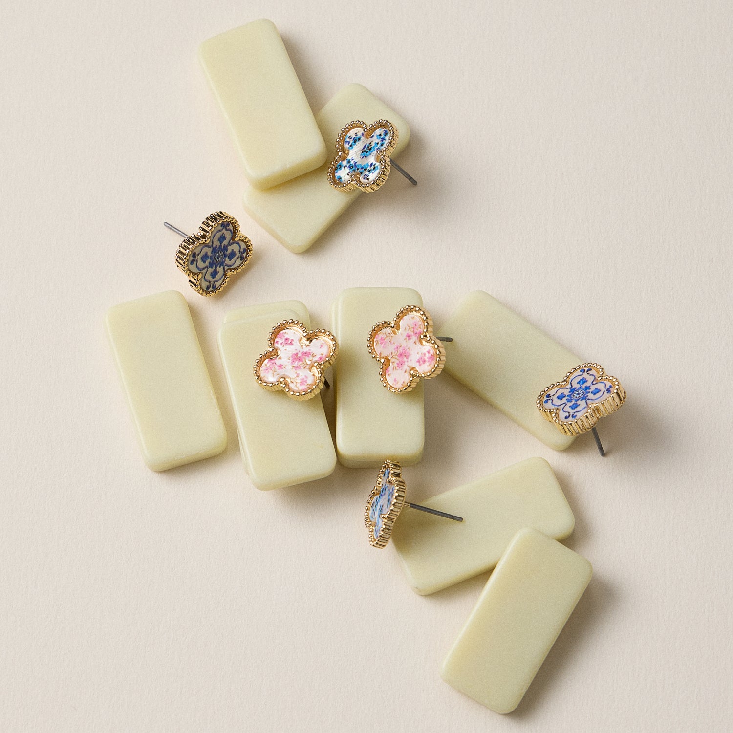 Gold Beaded Shell Inlay Stud Earrings