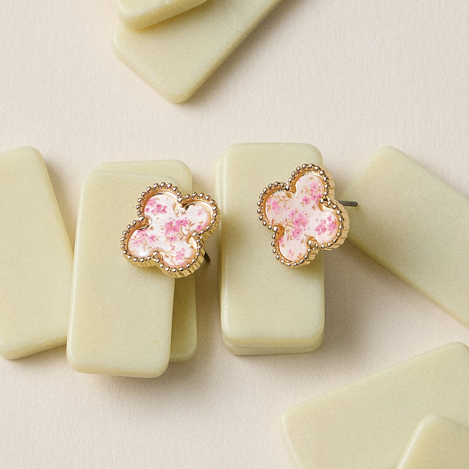 Gold Beaded Shell Inlay Stud Earrings