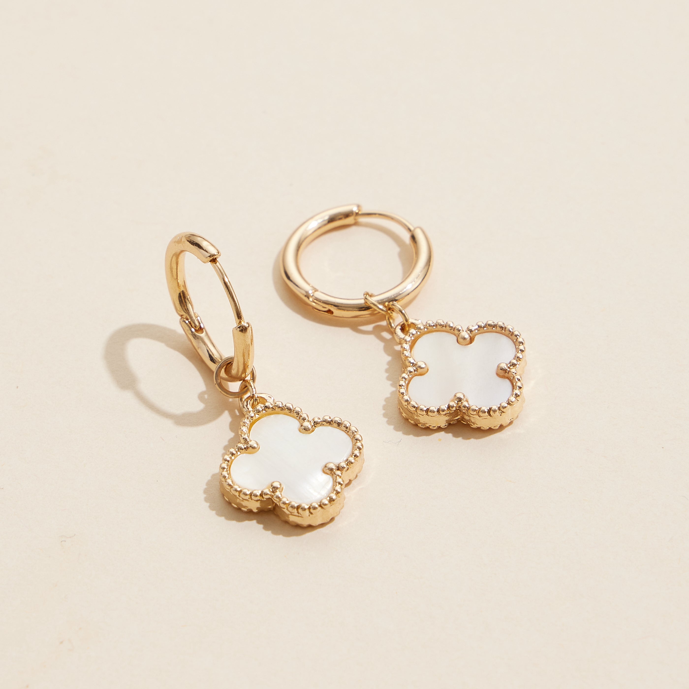 Hoop Earrings with Clover-Shaped Shell Charms
