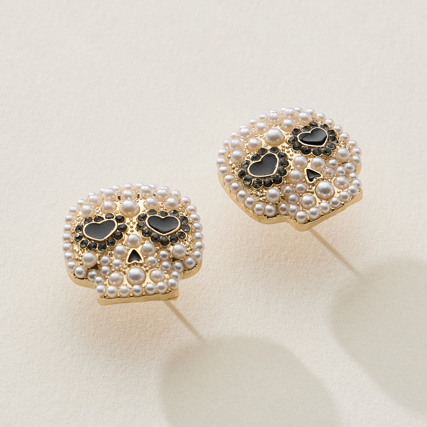 Pearl and Rhinestone Skull Halloween Earrings