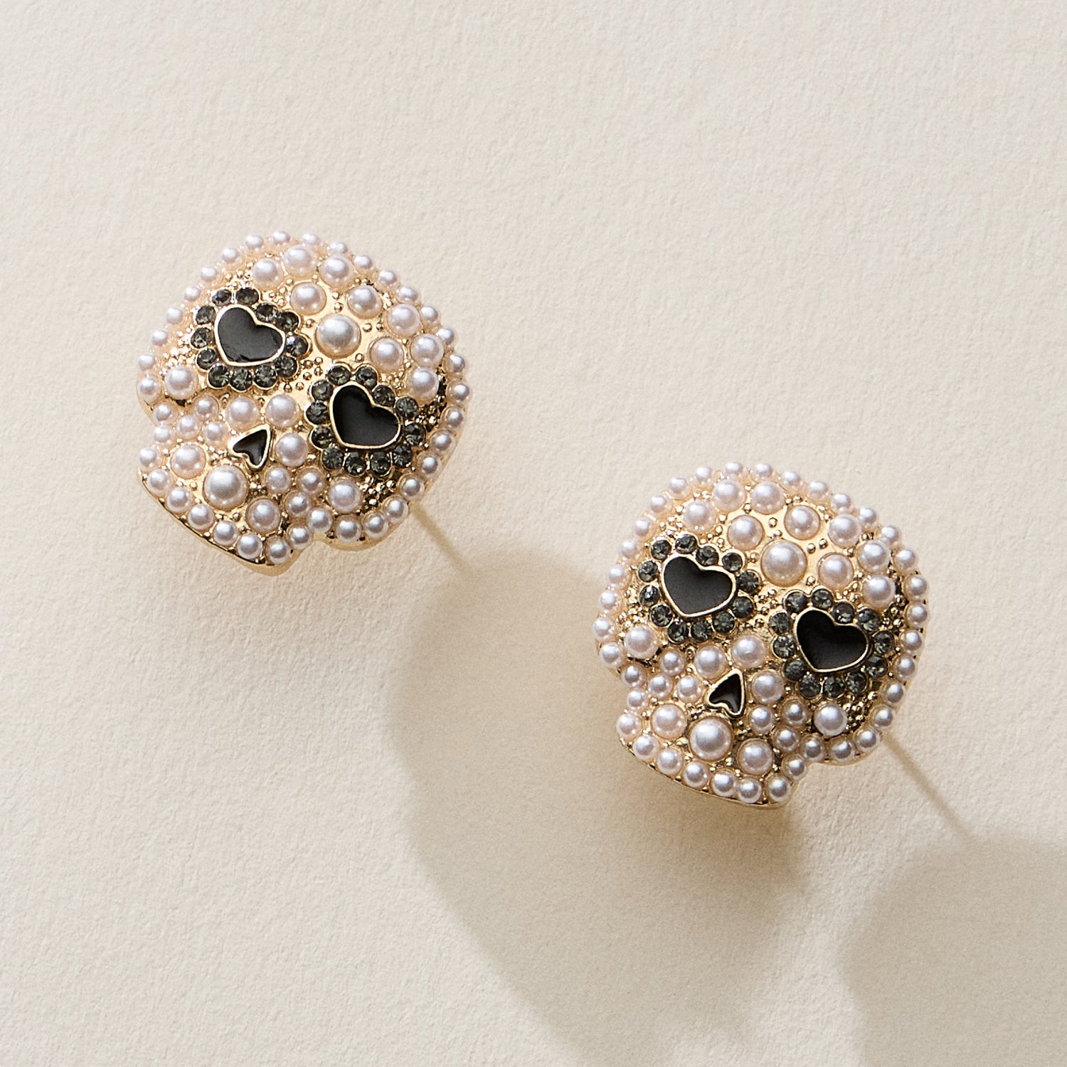 Pearl and Rhinestone Skull Halloween Earrings