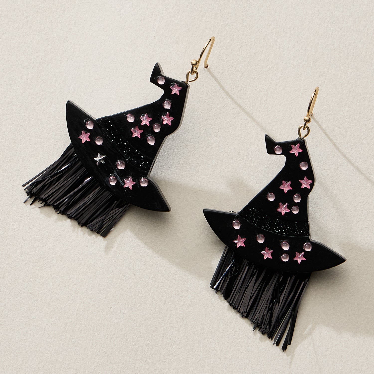 Resin Witch Hat Drop Earrings with Glitter Fringe