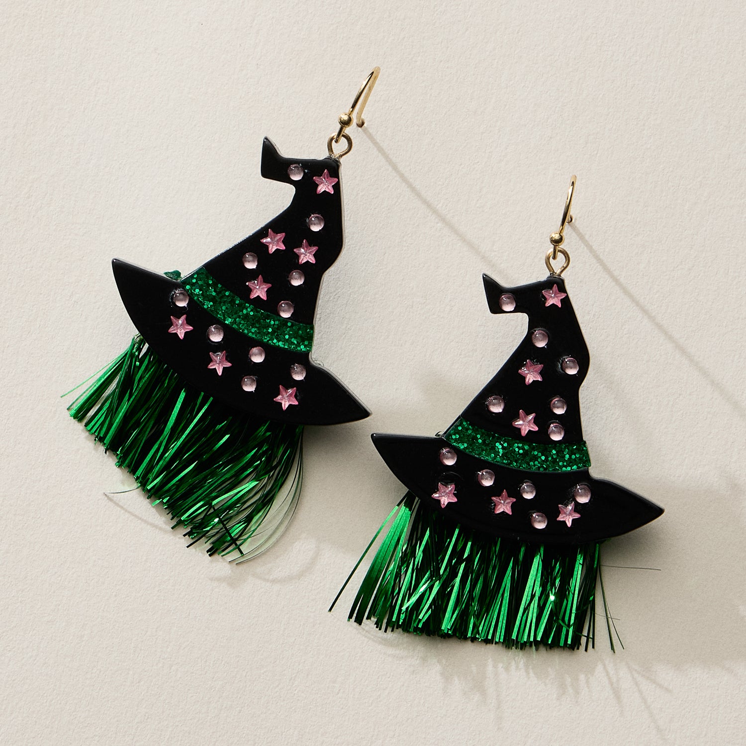 Resin Witch Hat Drop Earrings with Glitter Fringe