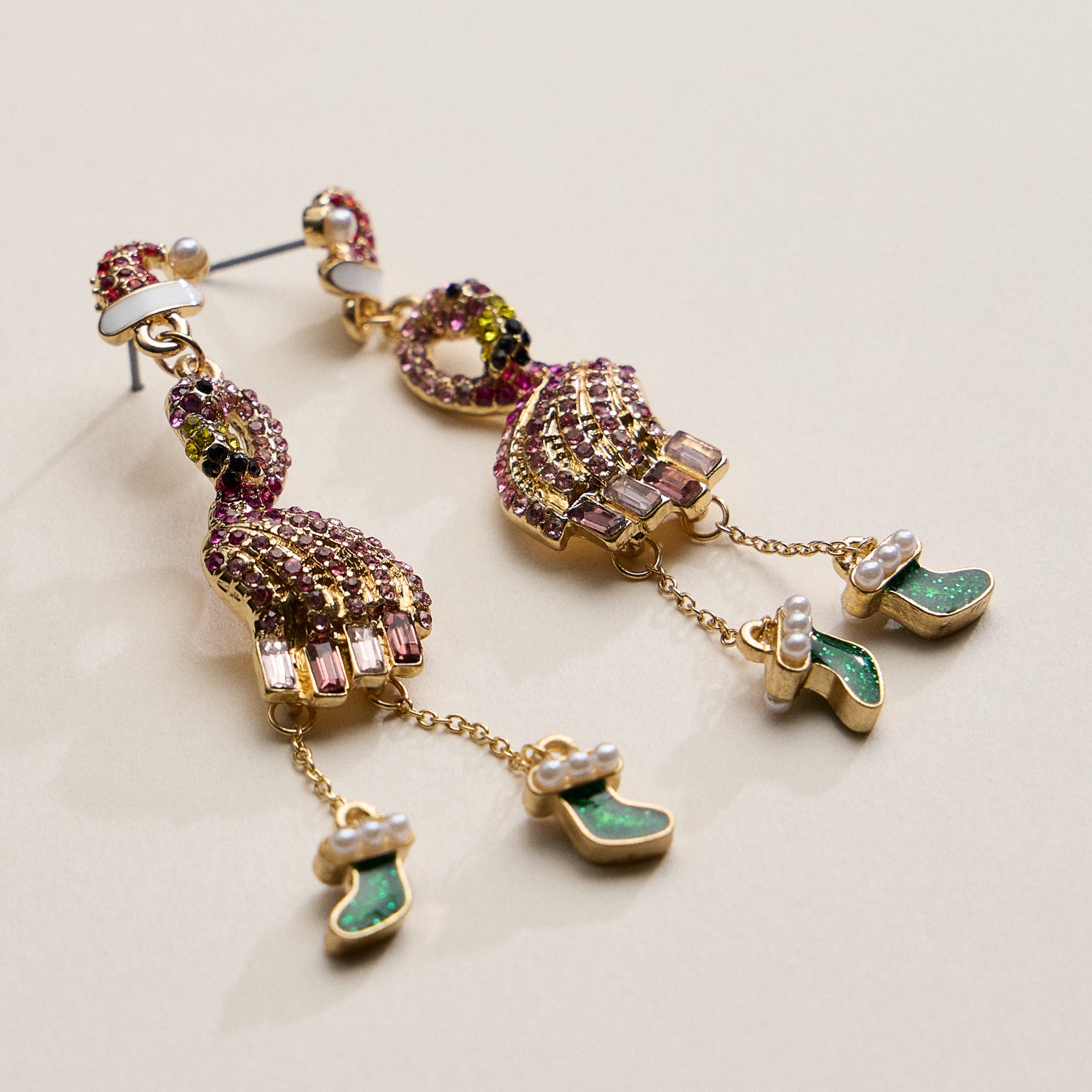 Christmas Flamingo Stocking Drop Earrings