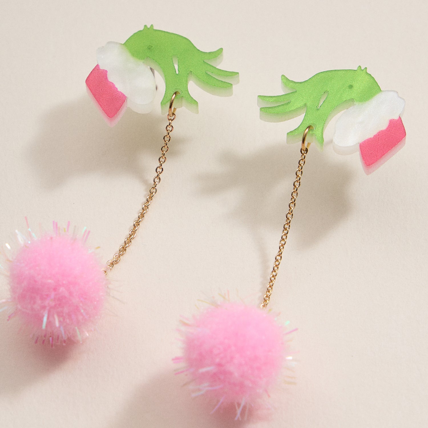 Whimsical Green Monster Hand & Pom-Pom Holiday Drop Earrings