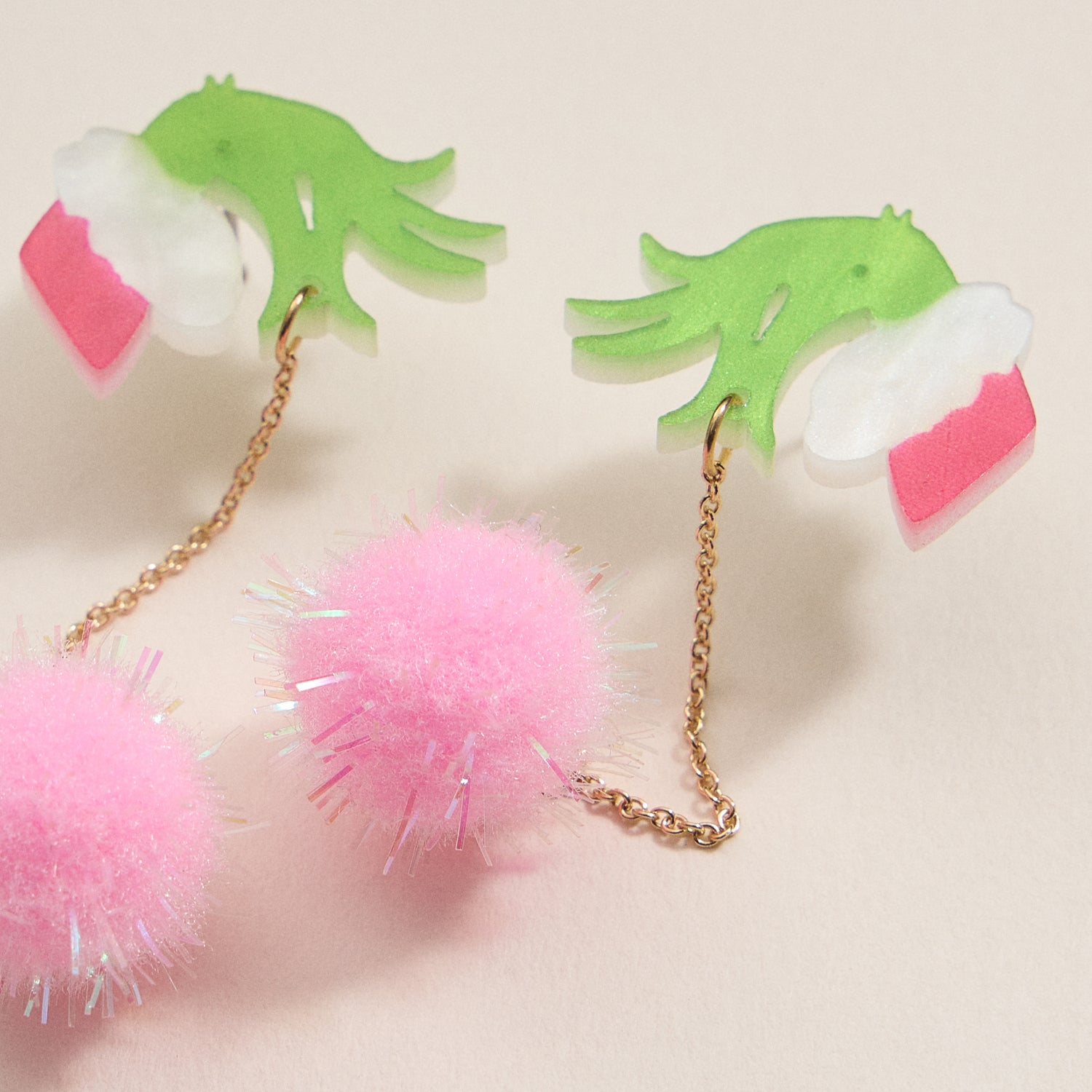 Whimsical Green Monster Hand & Pom-Pom Holiday Drop Earrings