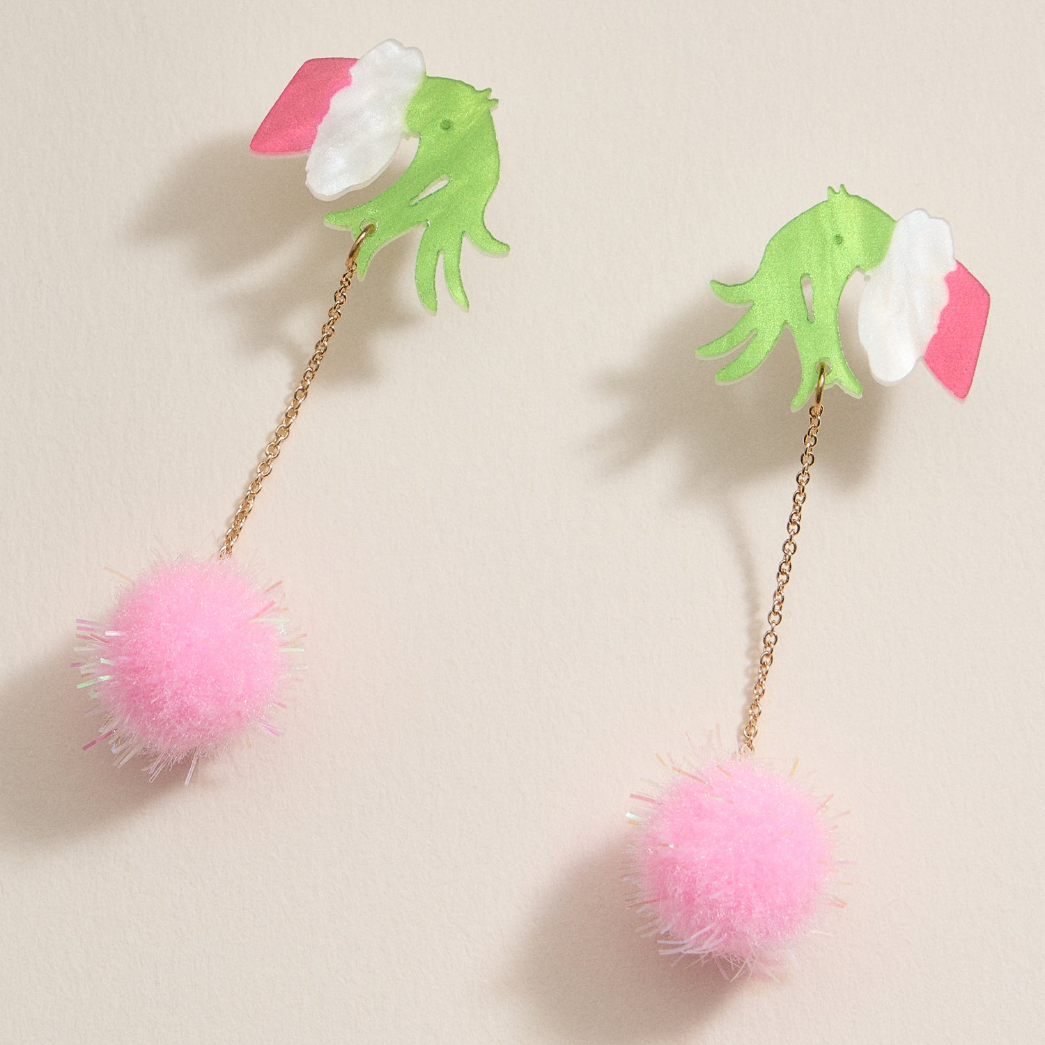 Whimsical Green Monster Hand & Pom-Pom Holiday Drop Earrings