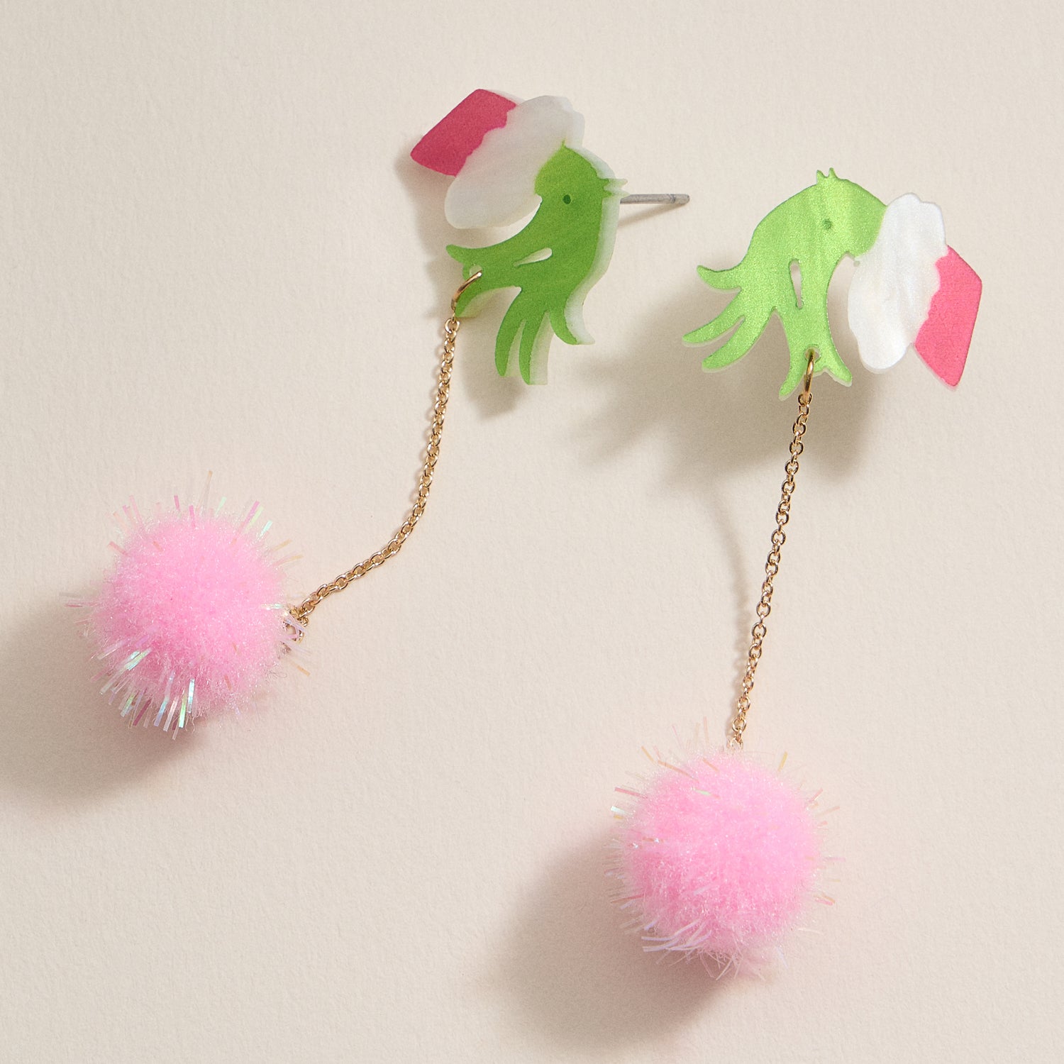 Whimsical Green Monster Hand & Pom-Pom Holiday Drop Earrings