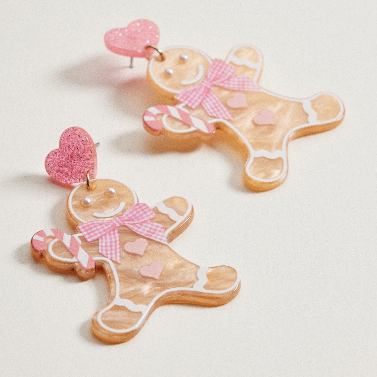 Acrylic Pink Gingerbread Cookie Drop Earrings | Candy Cane Holiday Dangles