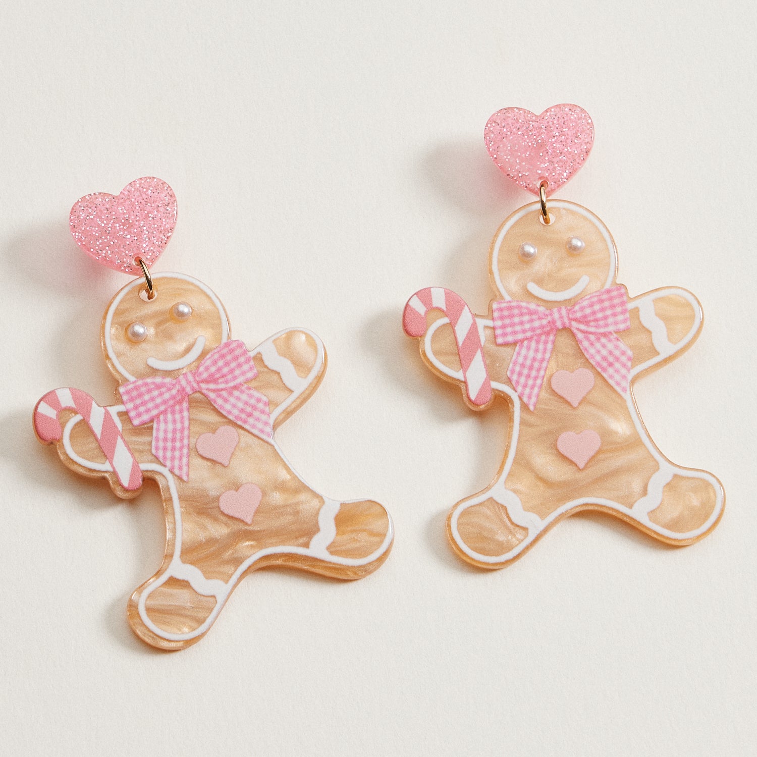 Acrylic Pink Gingerbread Cookie Drop Earrings | Candy Cane Holiday Dangles
