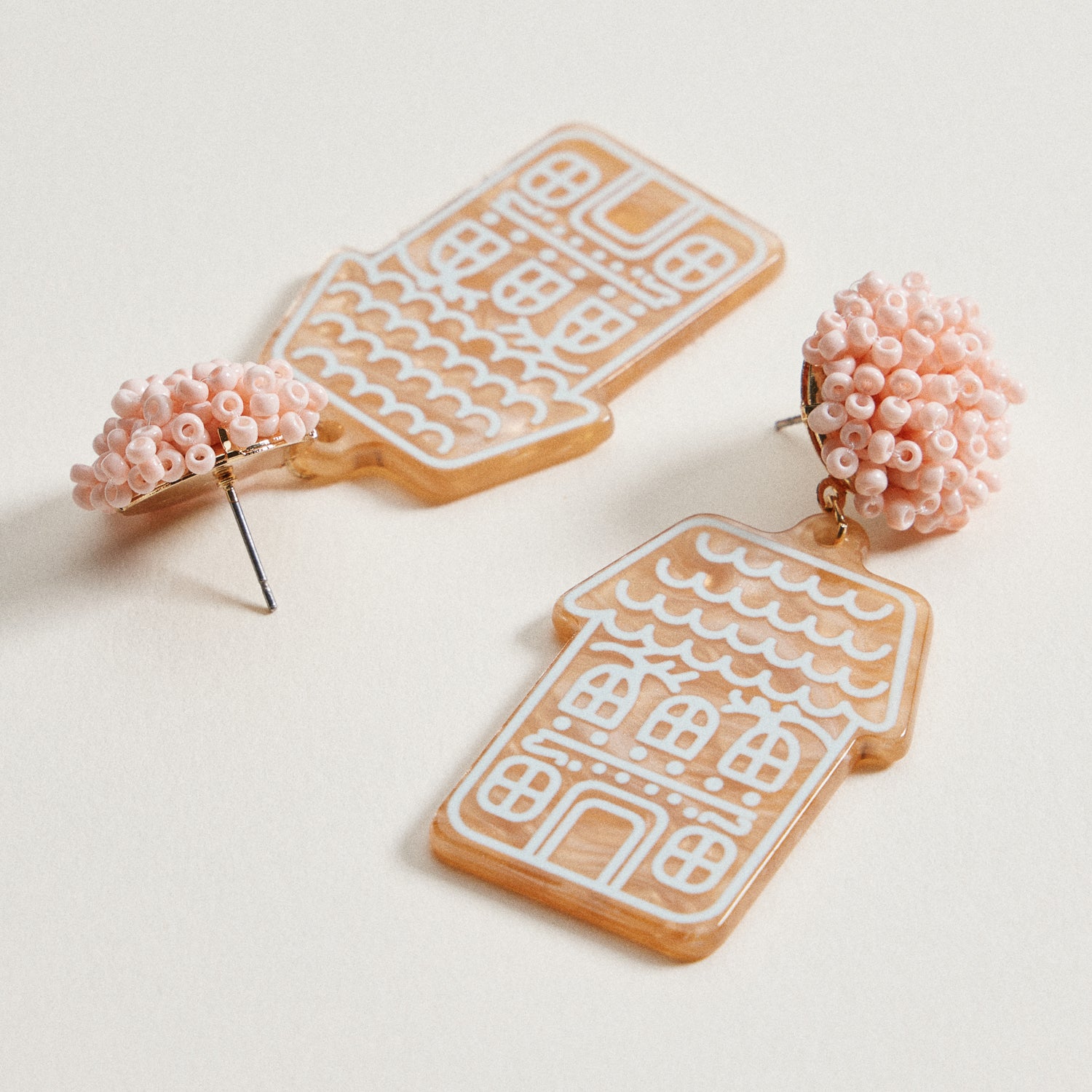 Pink Bead Gingerbread House Earrings | Acrylic Christmas Dangles