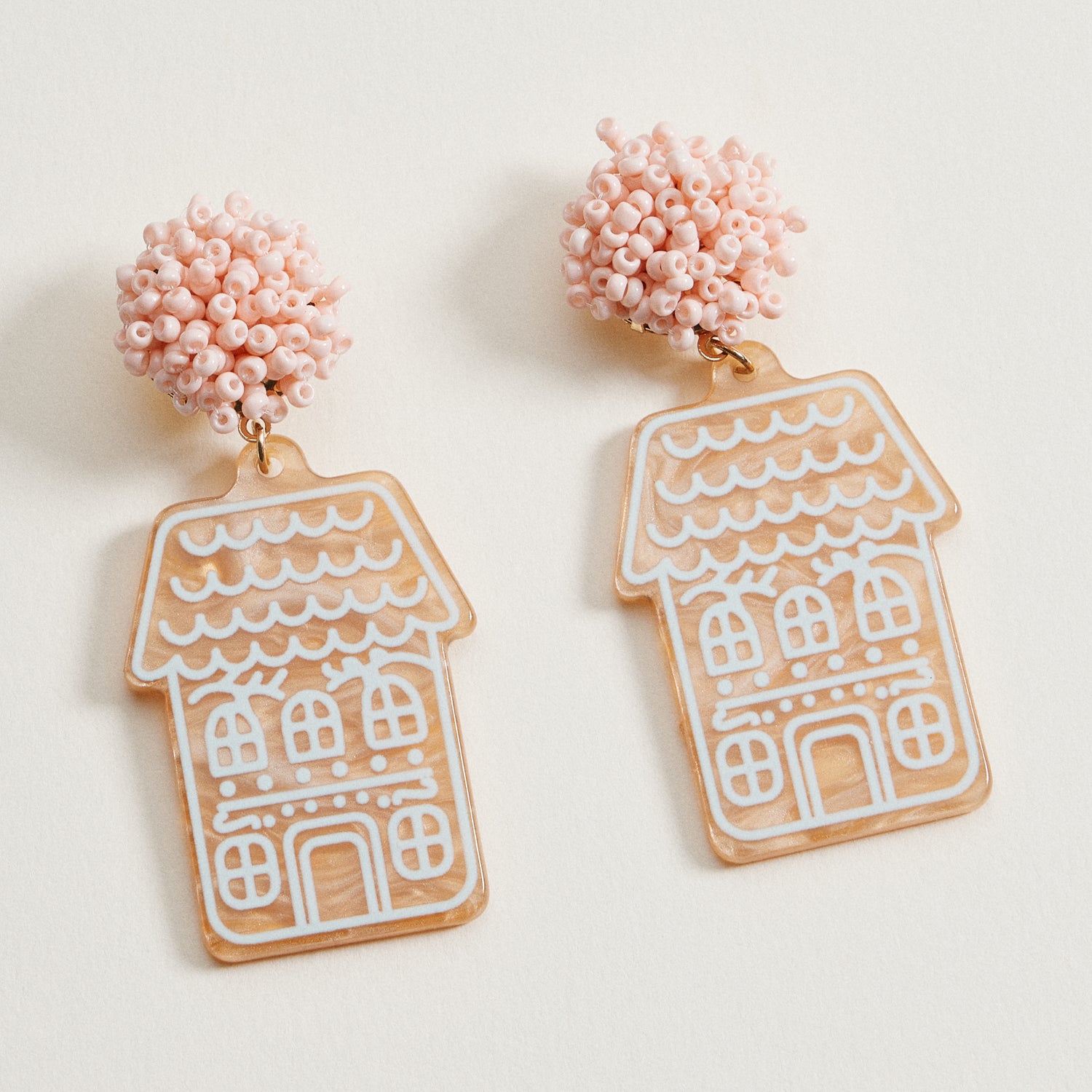 Pink Bead Gingerbread House Earrings | Acrylic Christmas Dangles