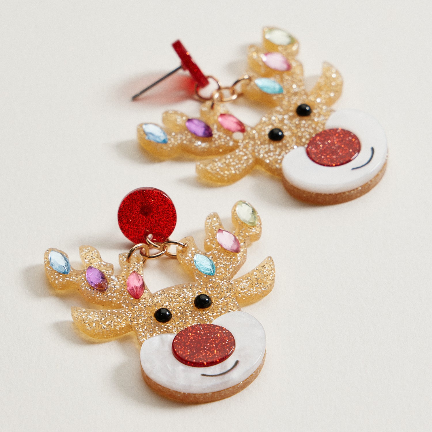 Glitter Rudolph Reindeer Earrings | Rhinestone Christmas Dangles
