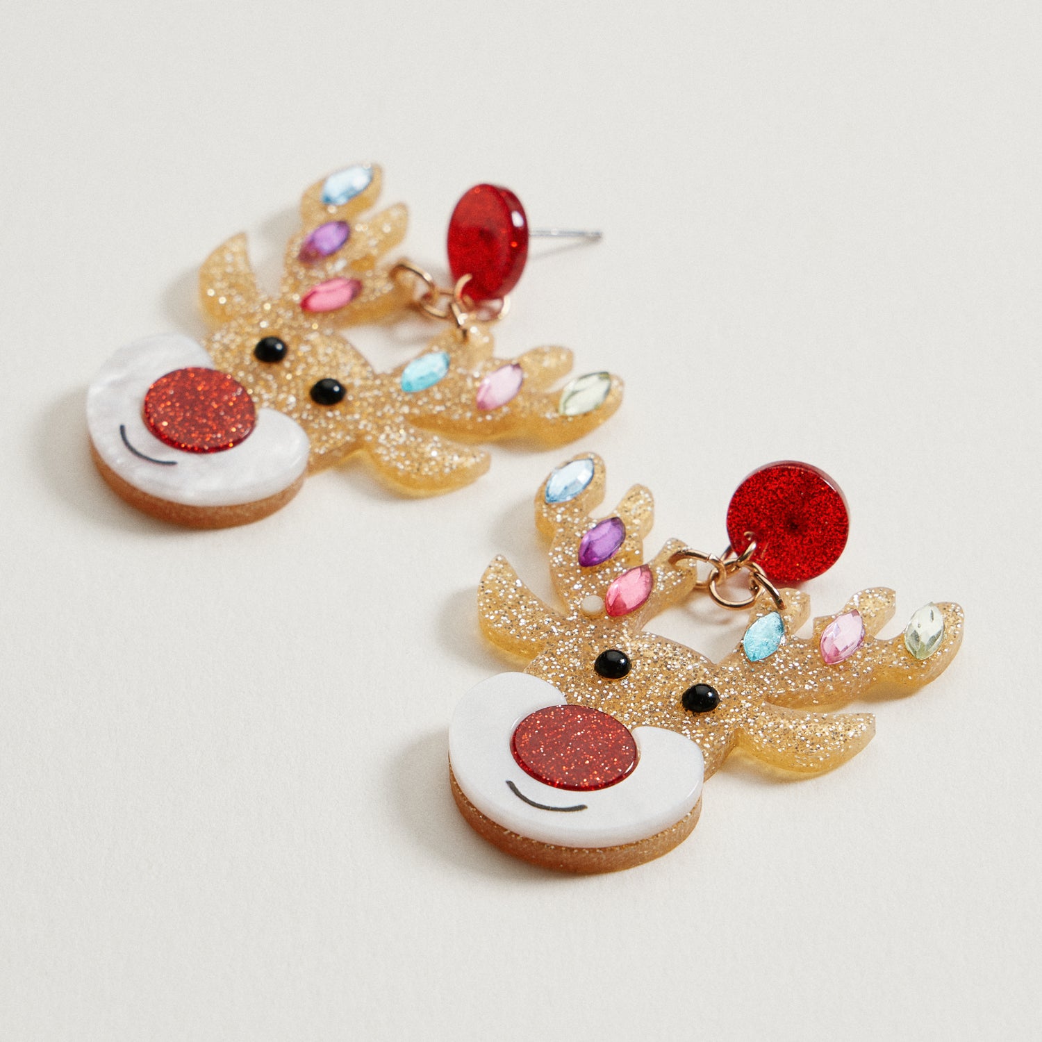 Glitter Rudolph Reindeer Earrings | Rhinestone Christmas Dangles