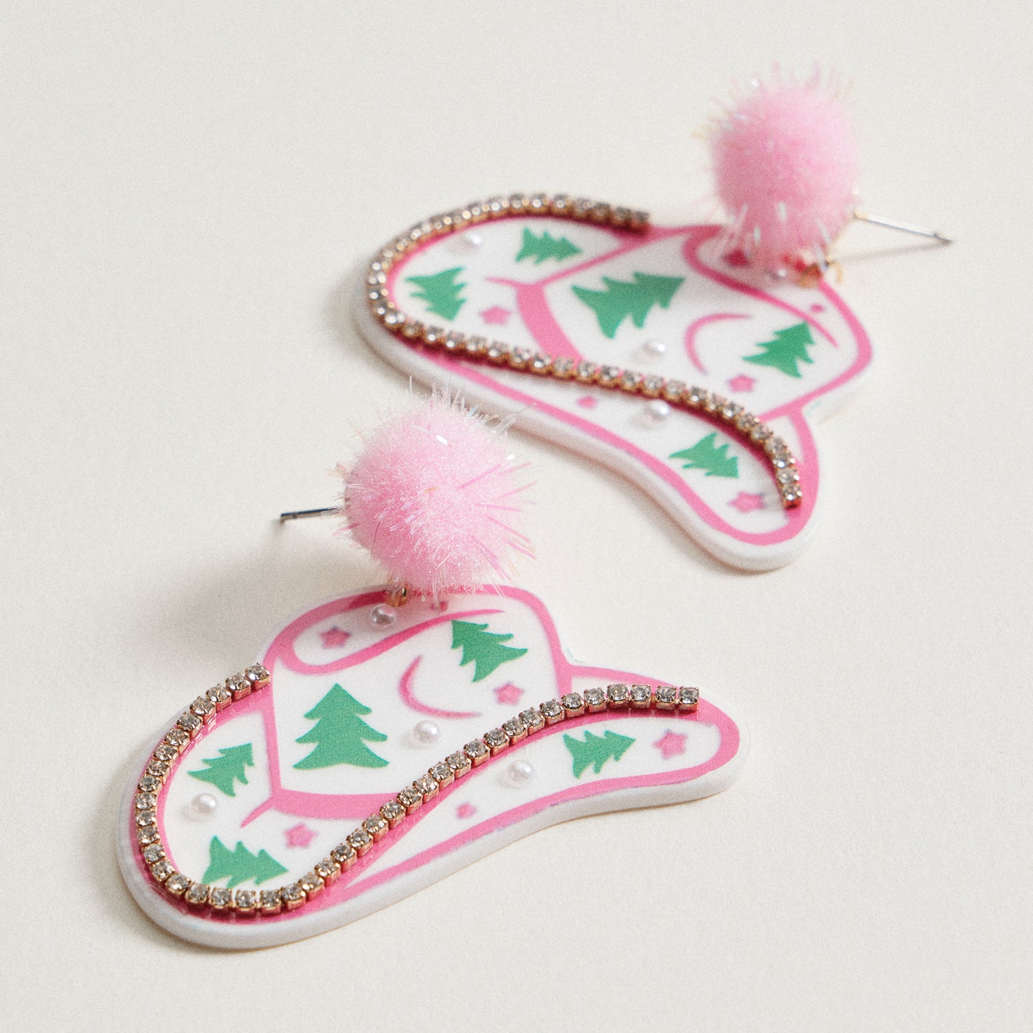 Christmas Pom Pom Cowboy Hat Holiday | Drop Earrings